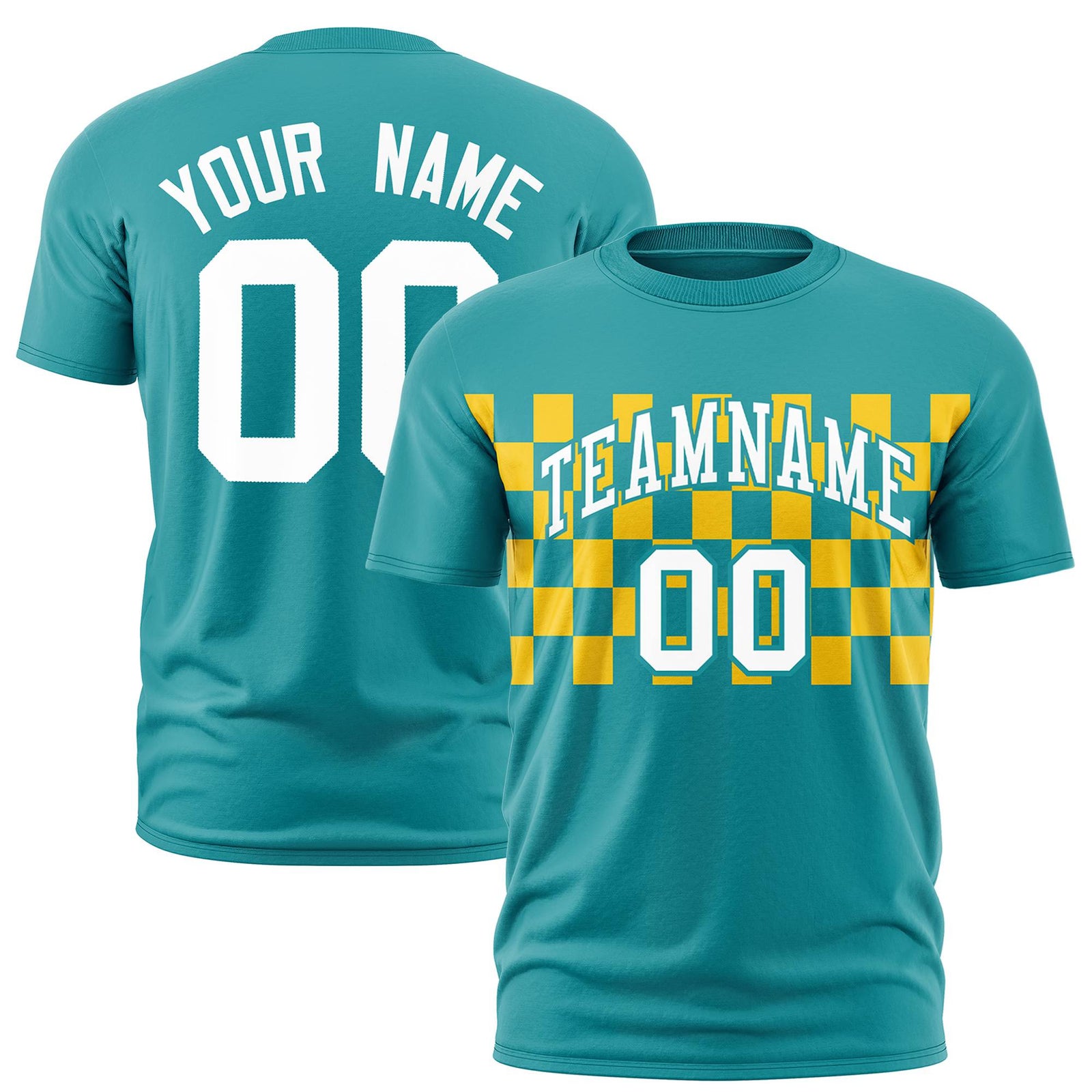 Custom Aqua Yellow Crew neck Plaid Pattern Personalized Performance T-Shirt