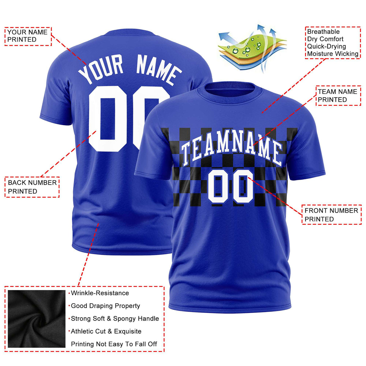 Custom Royal Blue Black Crew neck Plaid Pattern Personalized Performance T-Shirt