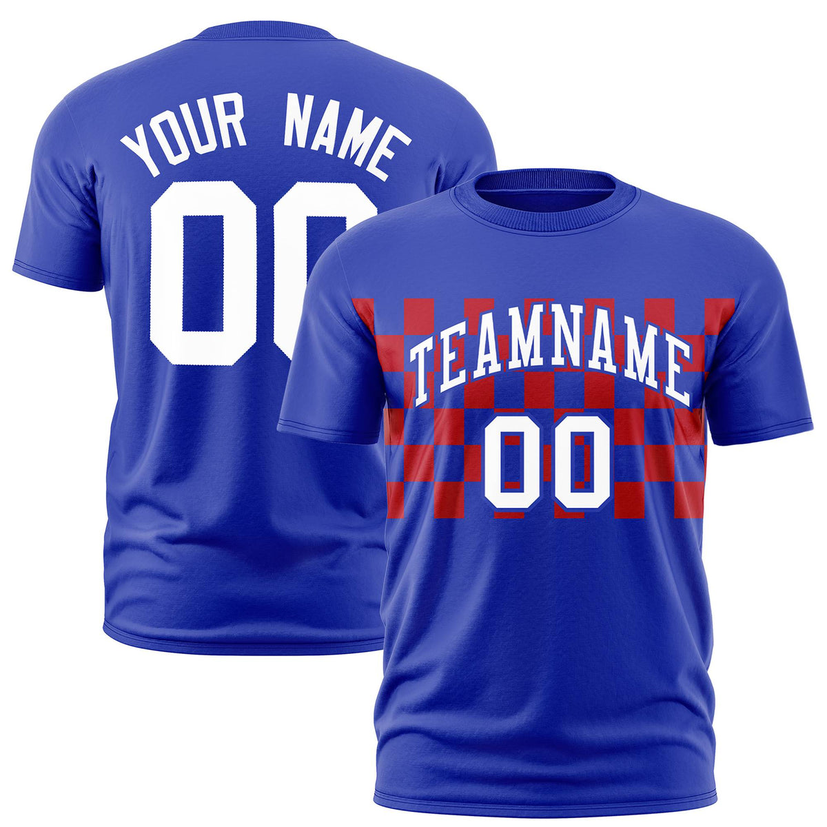 Custom Royal Blue Red Crew neck Plaid Pattern Personalized Performance T-Shirt
