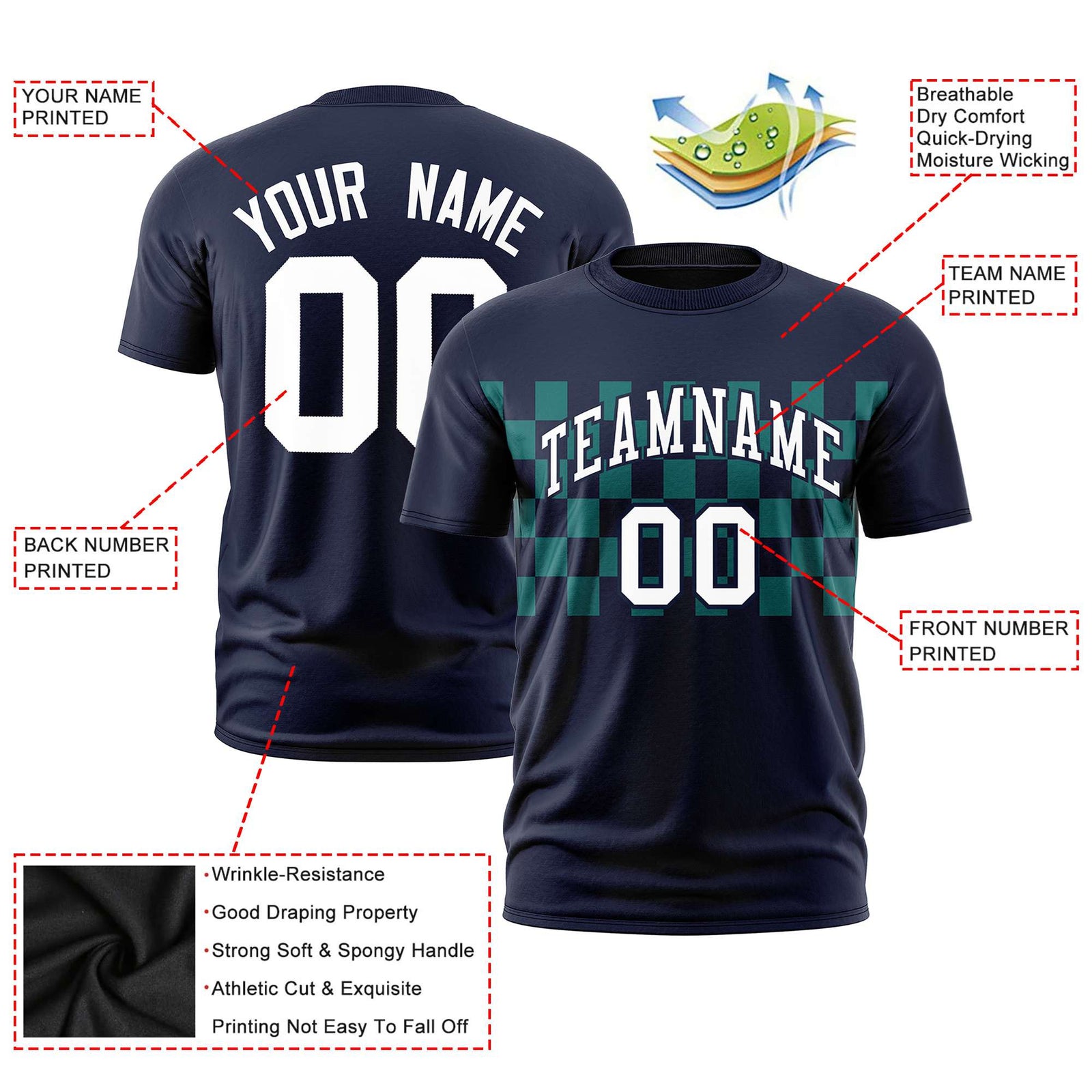 Custom Navy Teal Crew neck Plaid Pattern Personalized Performance T-Shirt