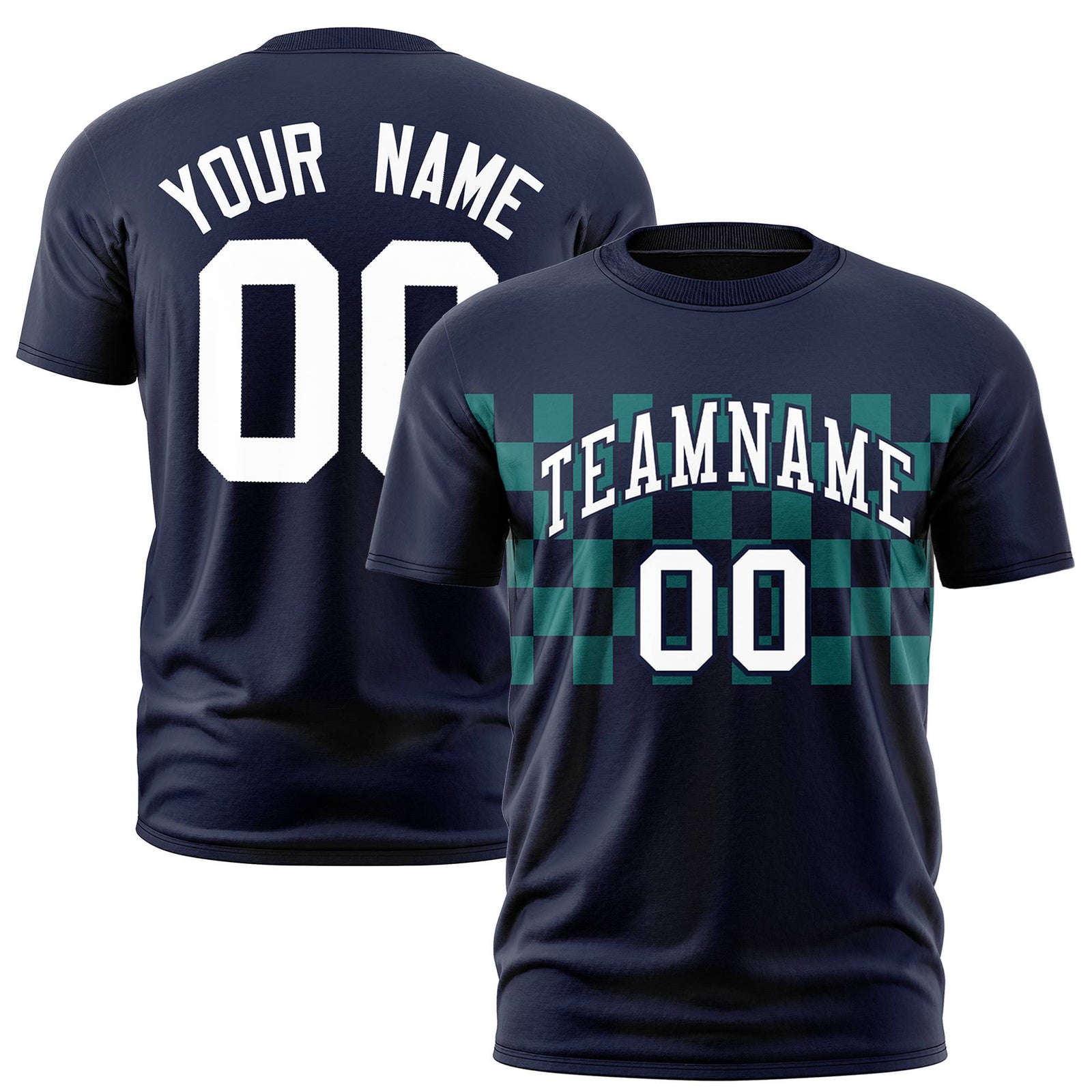 Custom Navy Teal Crew neck Plaid Pattern Personalized Performance T-Shirt