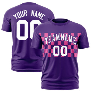 Camiseta de rendimiento personalizada con cuello redondo, estampado a cuadros, color morado y rosa - Estilo 1