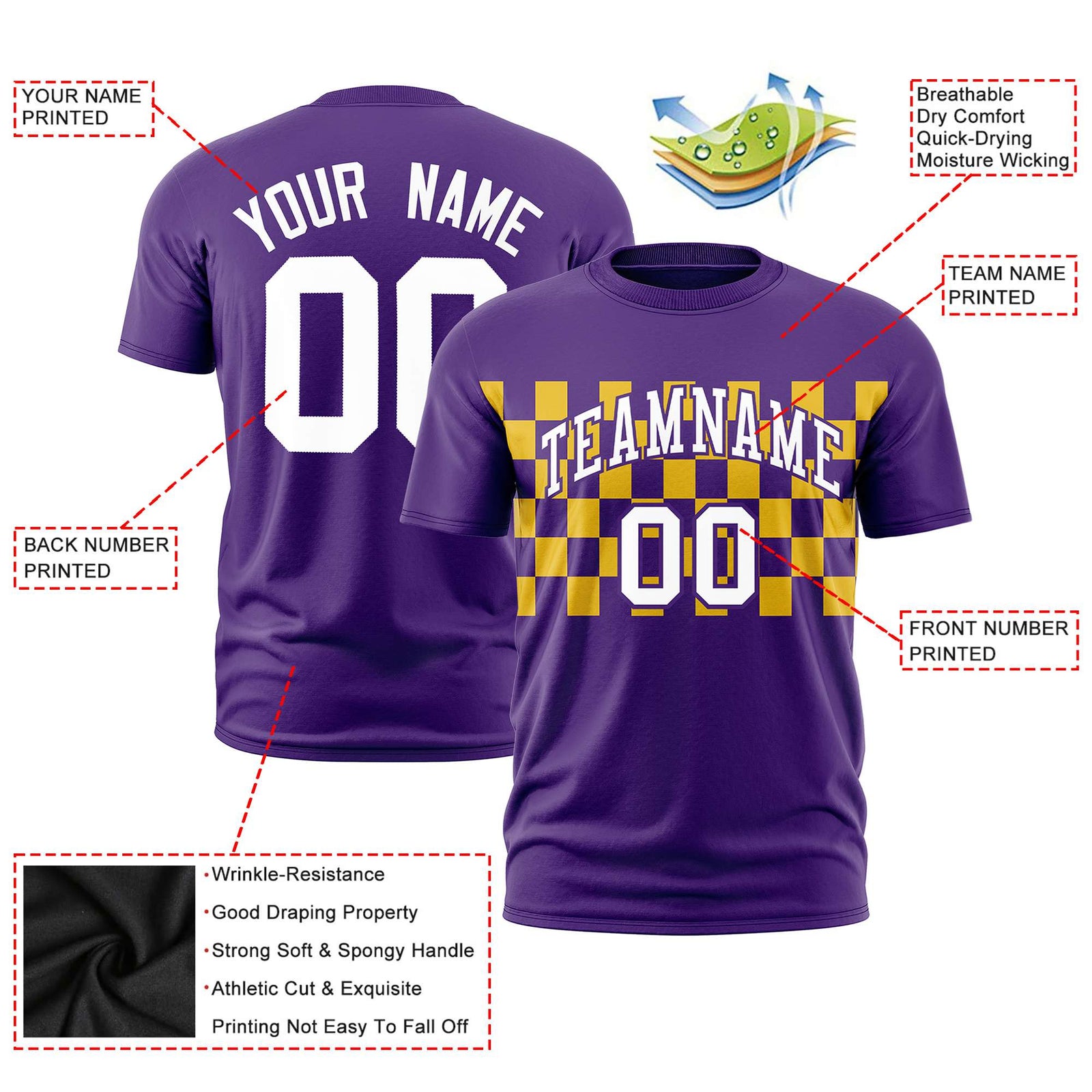 Custom Purple Yellow Crew neck Plaid Pattern Personalized Performance T-Shirt