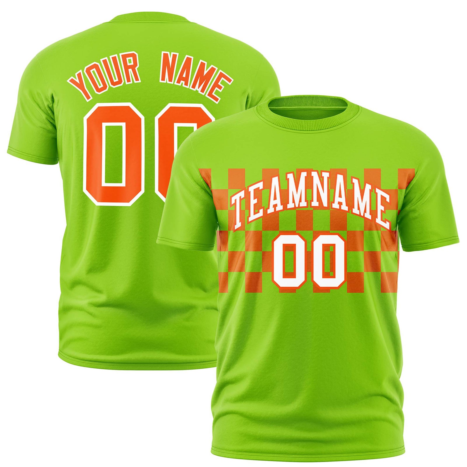 Custom Neon Green Orange Crew neck Plaid Pattern Personalized Performance T-Shirt
