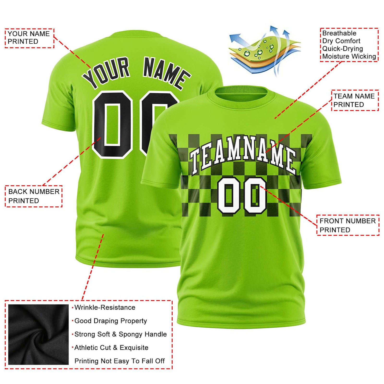 Custom Neon Green Navy Crew neck Plaid Pattern Personalized Performance T-Shirt