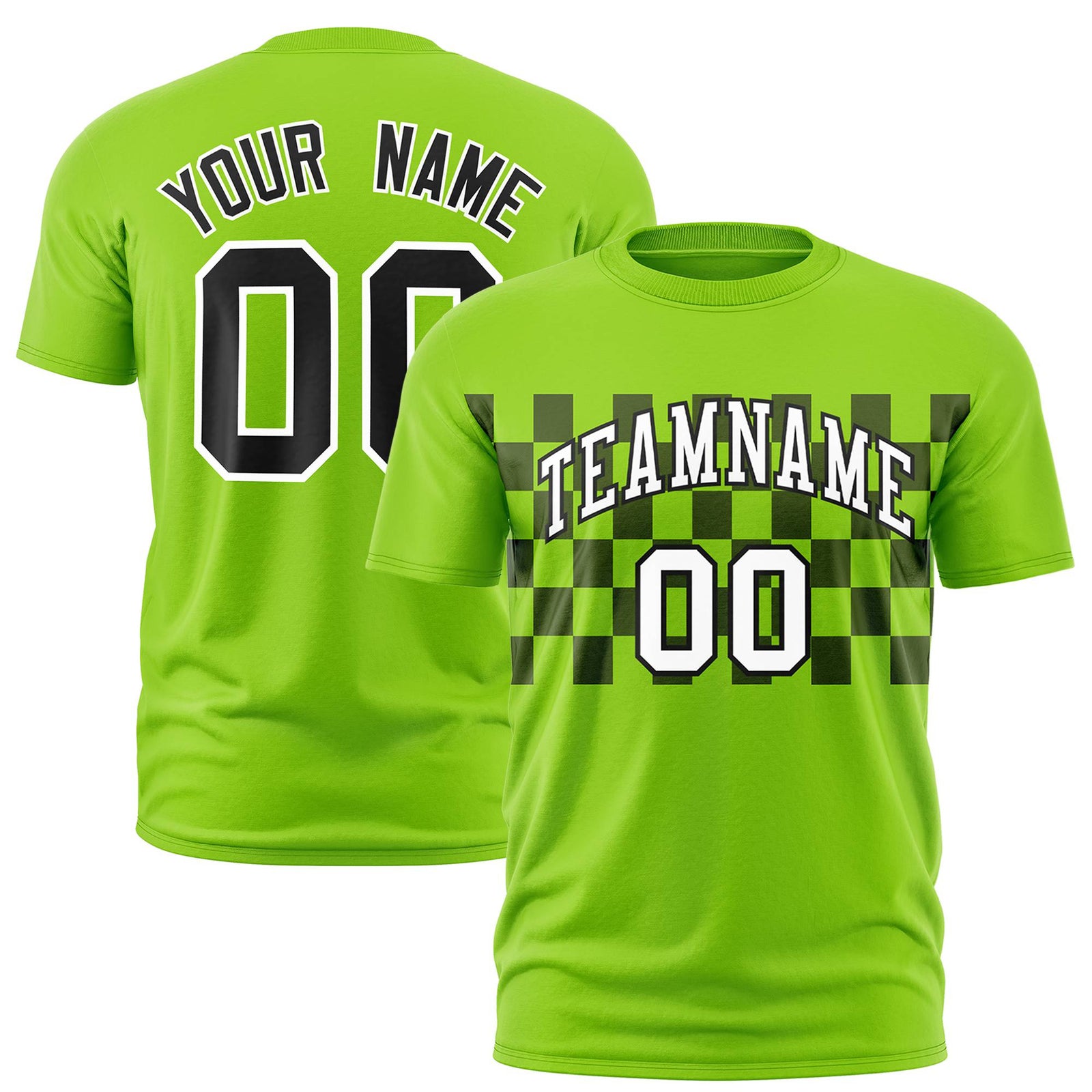Custom Neon Green Navy Crew neck Plaid Pattern Personalized Performance T-Shirt
