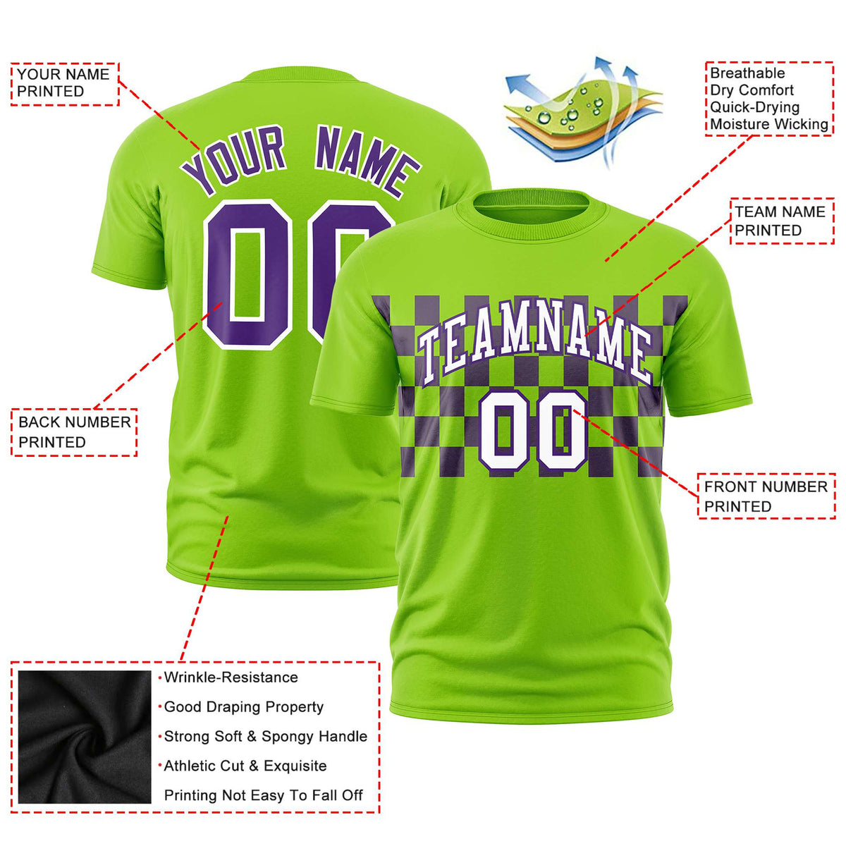 Custom Neon Green Purple Crew neck Plaid Pattern Personalized Performance T-Shirt