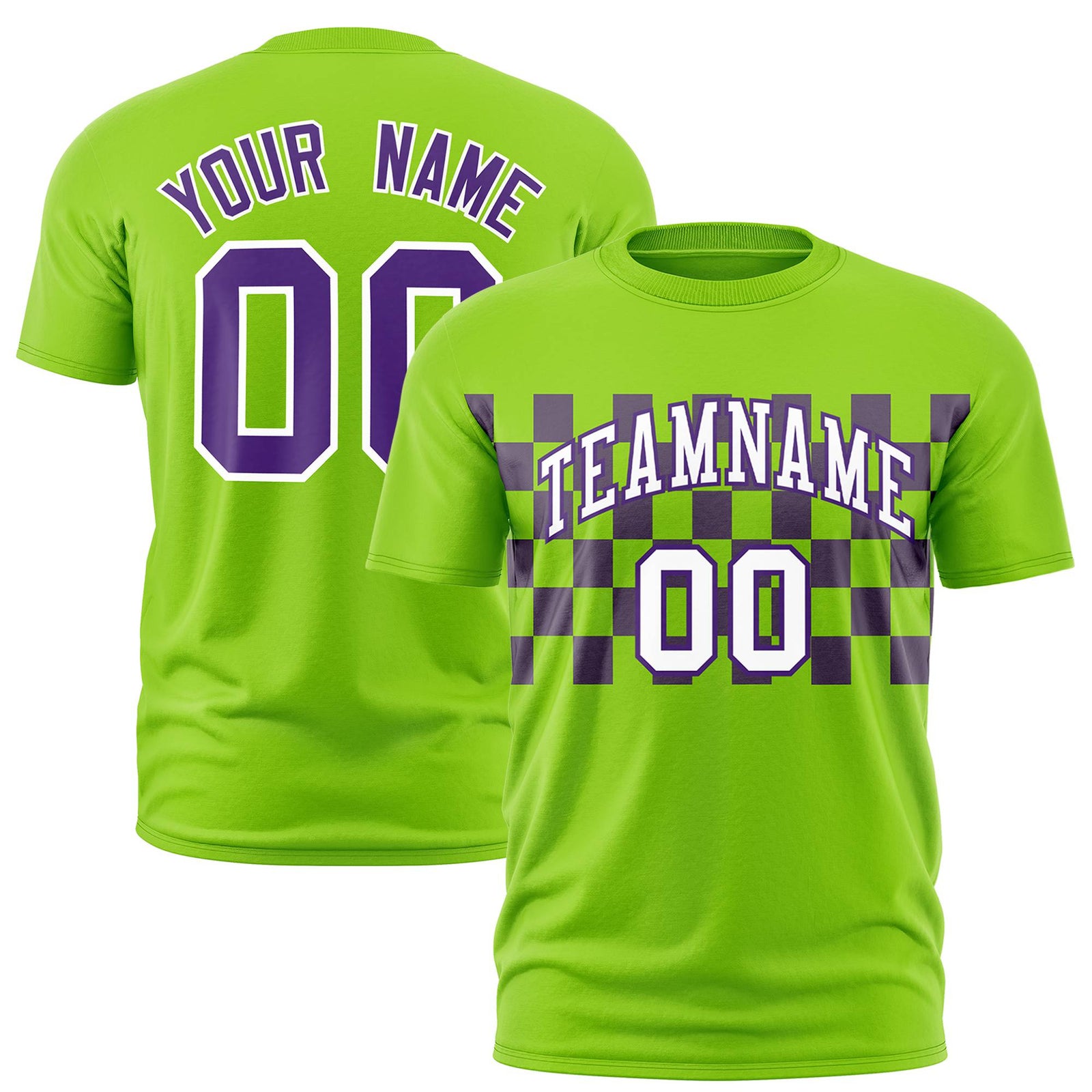 Custom Neon Green Purple Crew neck Plaid Pattern Personalized Performance T-Shirt