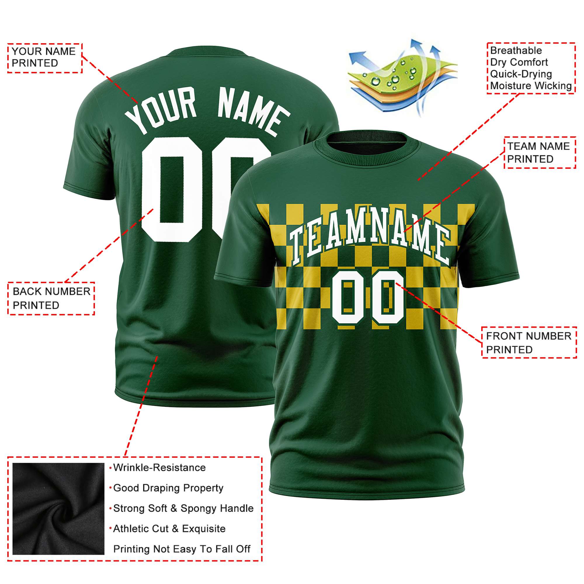 Custom Green Gold-01 Crew neck Plaid Pattern Personalized Performance T-Shirt