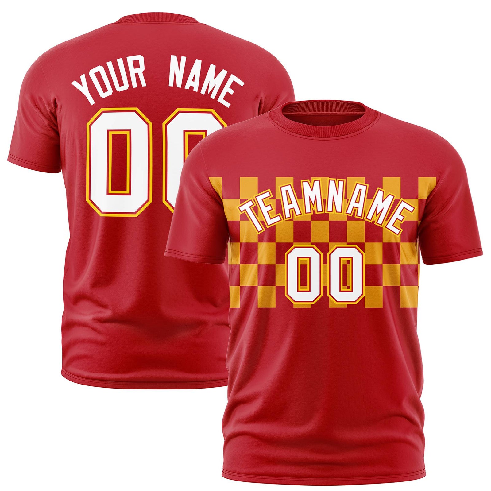 Custom Red Yellow Crew neck Plaid Pattern Personalized Performance T-Shirt