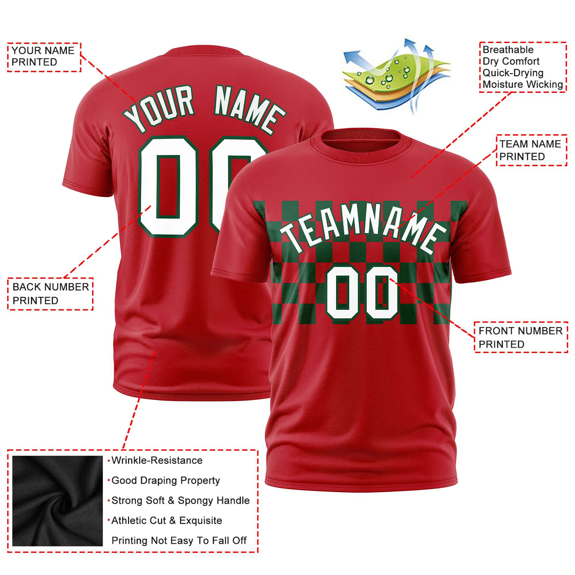 Custom Red Green Crew neck Plaid Pattern Personalized Performance T-Shirt