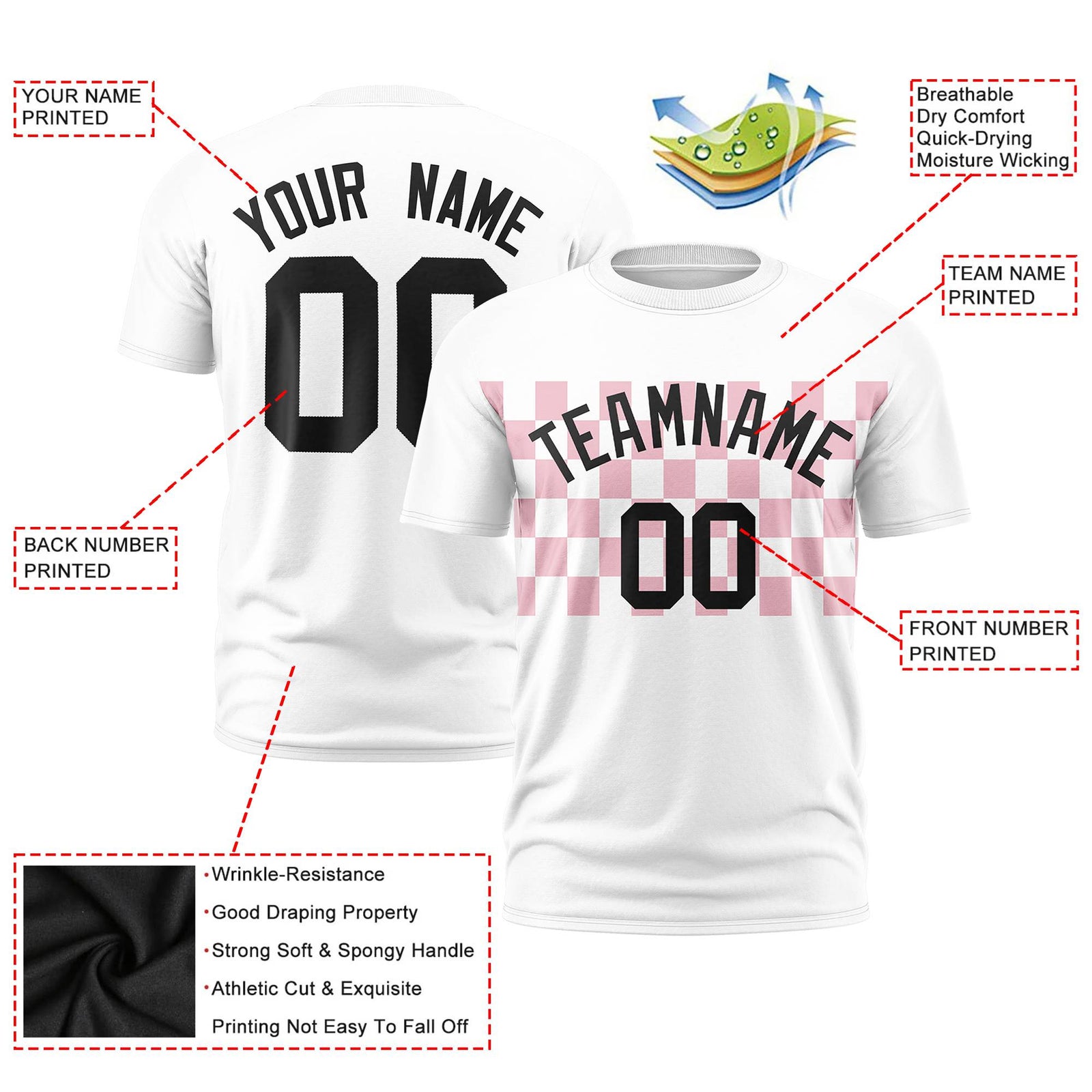 Custom White Light Pink Crew neck Plaid Pattern Personalized Performance T-Shirt