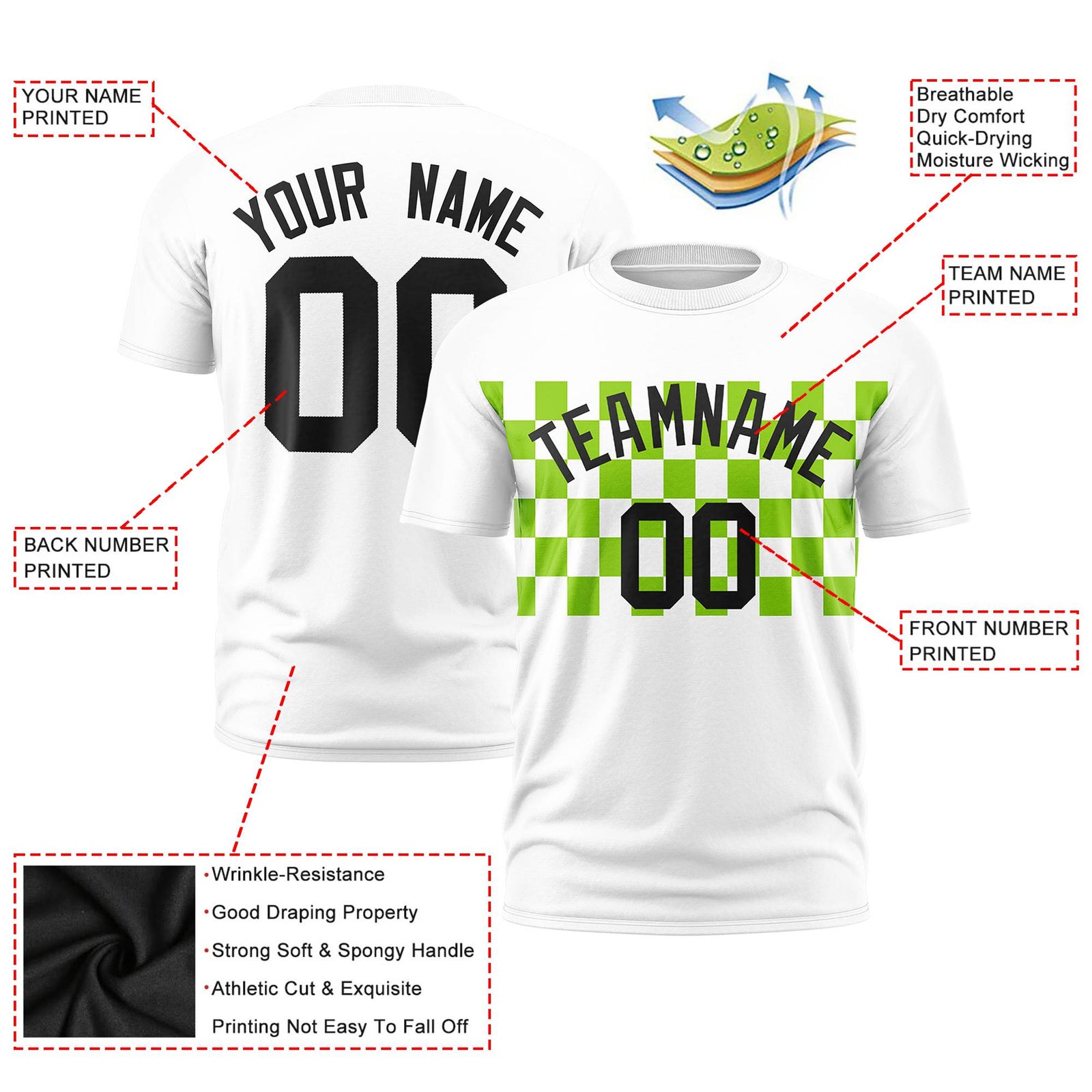 Custom White Neon Green Crew neck Plaid Pattern Personalized Performance T-Shirt