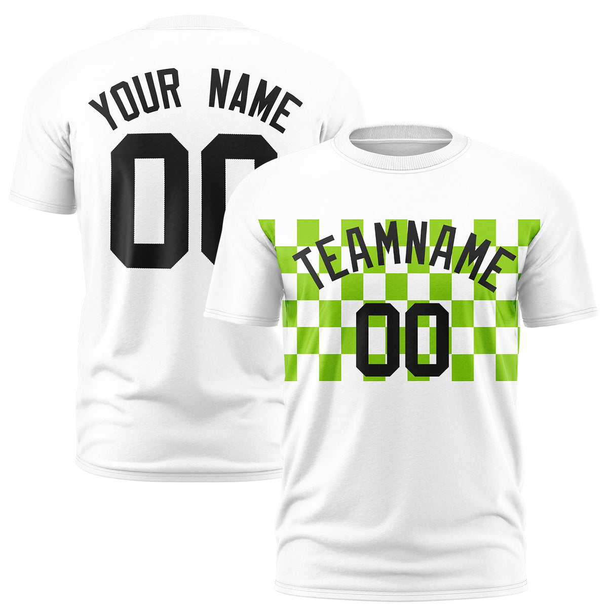 Custom White Neon Green Crew neck Plaid Pattern Personalized Performance T-Shirt
