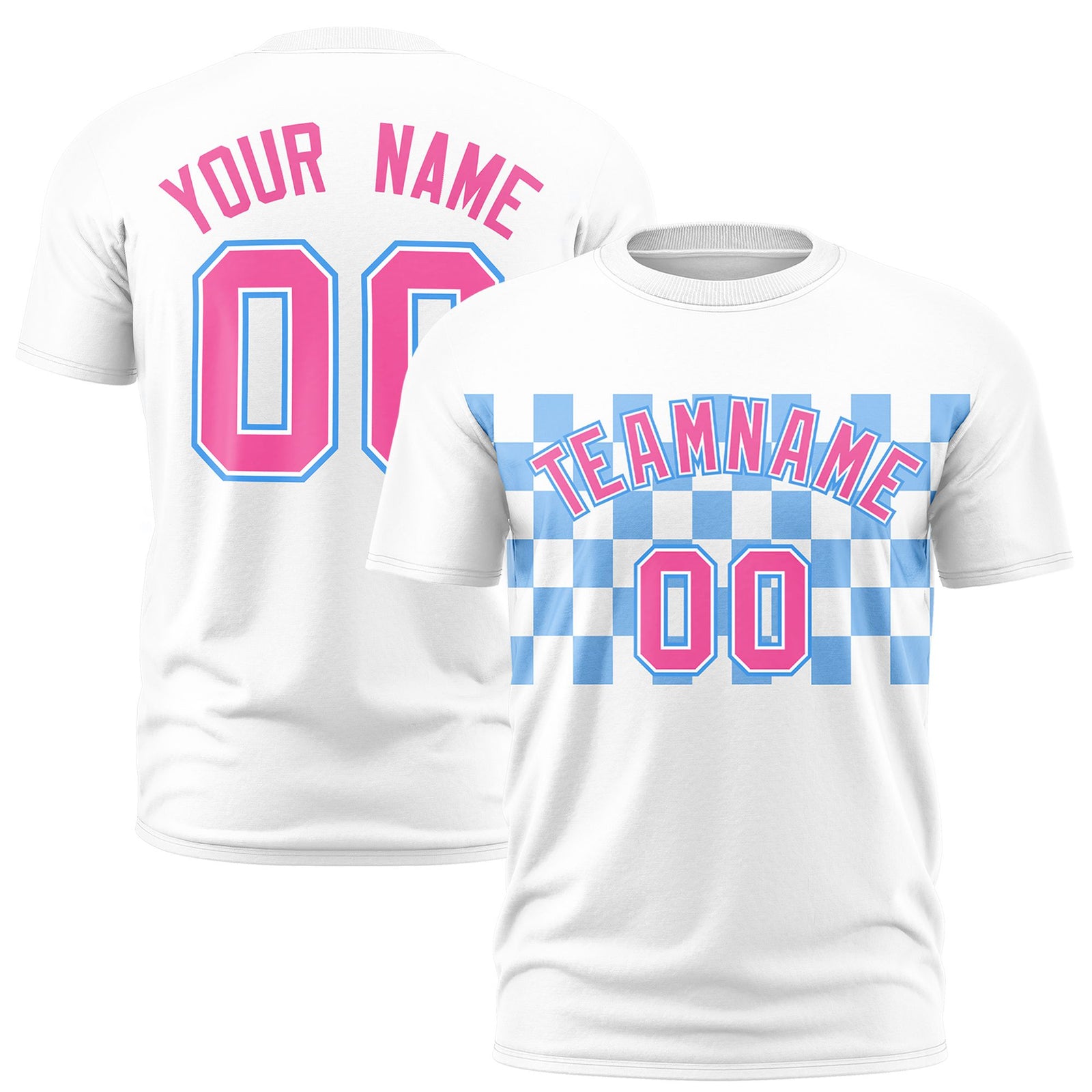 Custom White Powder Blue Crew neck Plaid Pattern Personalized Performance T-Shirt