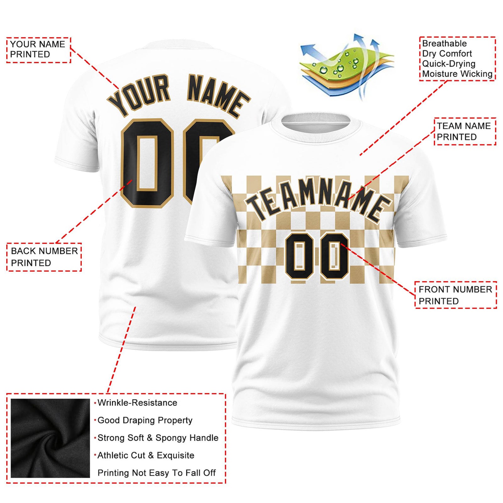 Custom White Old Gold Crew neck Plaid Pattern Personalized Performance T-Shirt