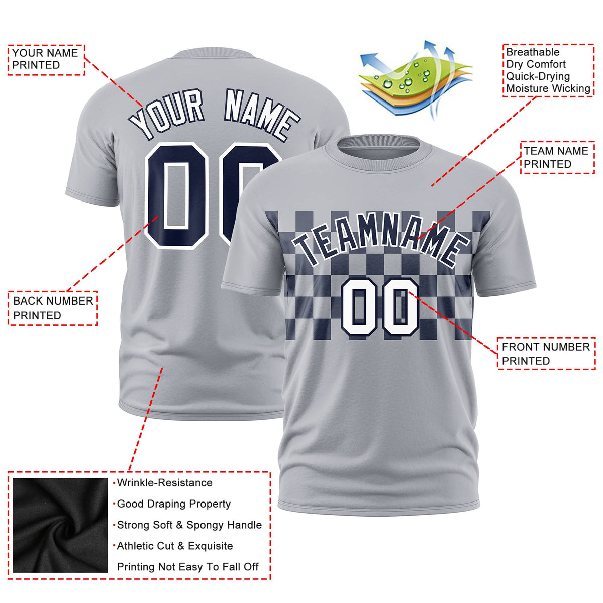 Custom Gray Navy Crew neck Plaid Pattern Personalized Performance T-Shirt