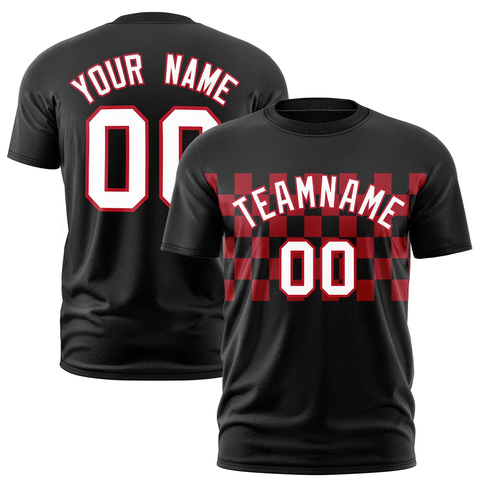 Custom Black Red Crew neck Plaid Pattern Personalized Performance T-Shirt