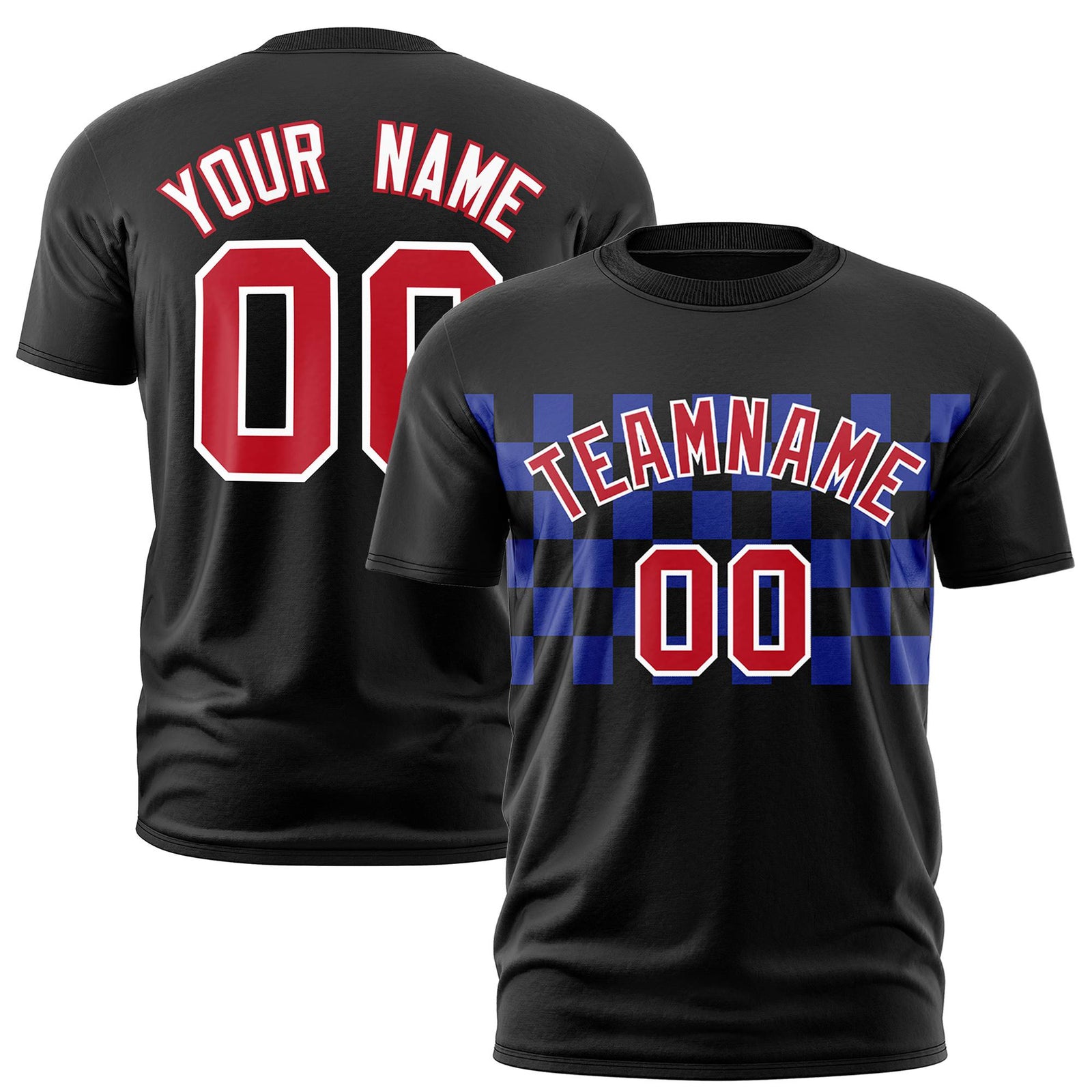 Custom Black Royal Blue Crew neck Plaid Pattern Personalized Performance T-Shirt