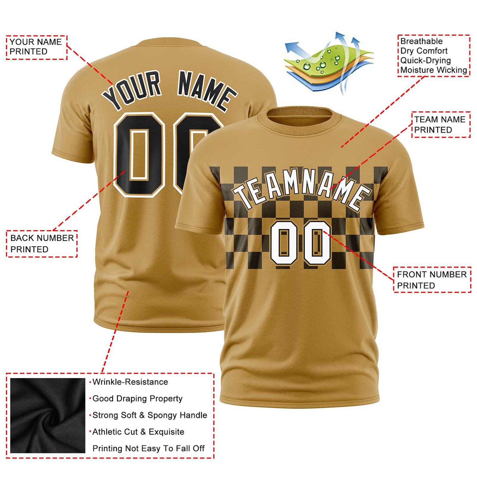 Custom Old Gold Black Crew neck Plaid Pattern Personalized Performance T-Shirt