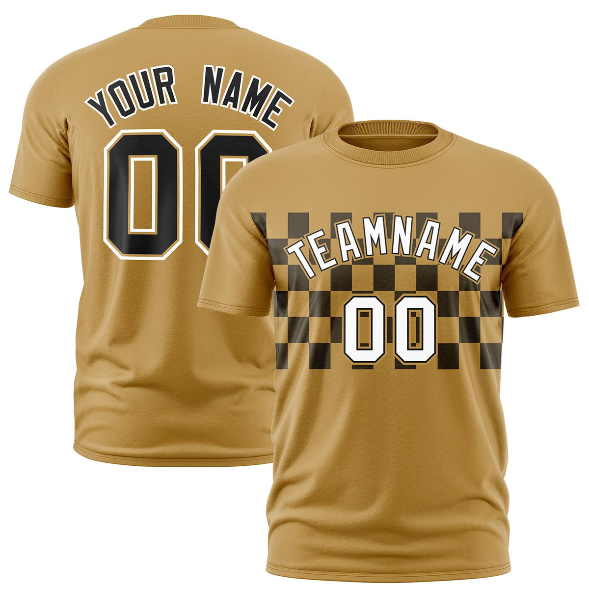 Custom Old Gold Black Crew neck Plaid Pattern Personalized Performance T-Shirt