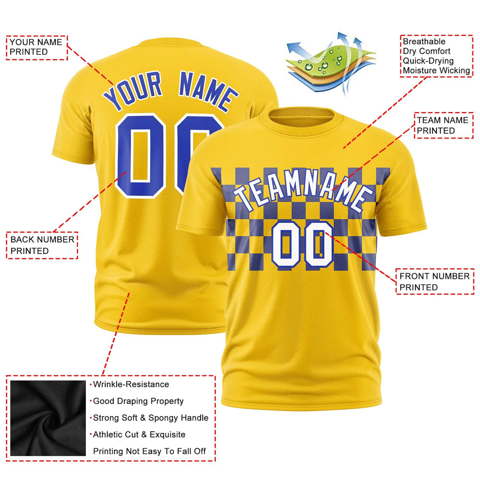 Custom Gold-01 Royal Blue Crew neck Plaid Pattern Personalized Performance T-Shirt