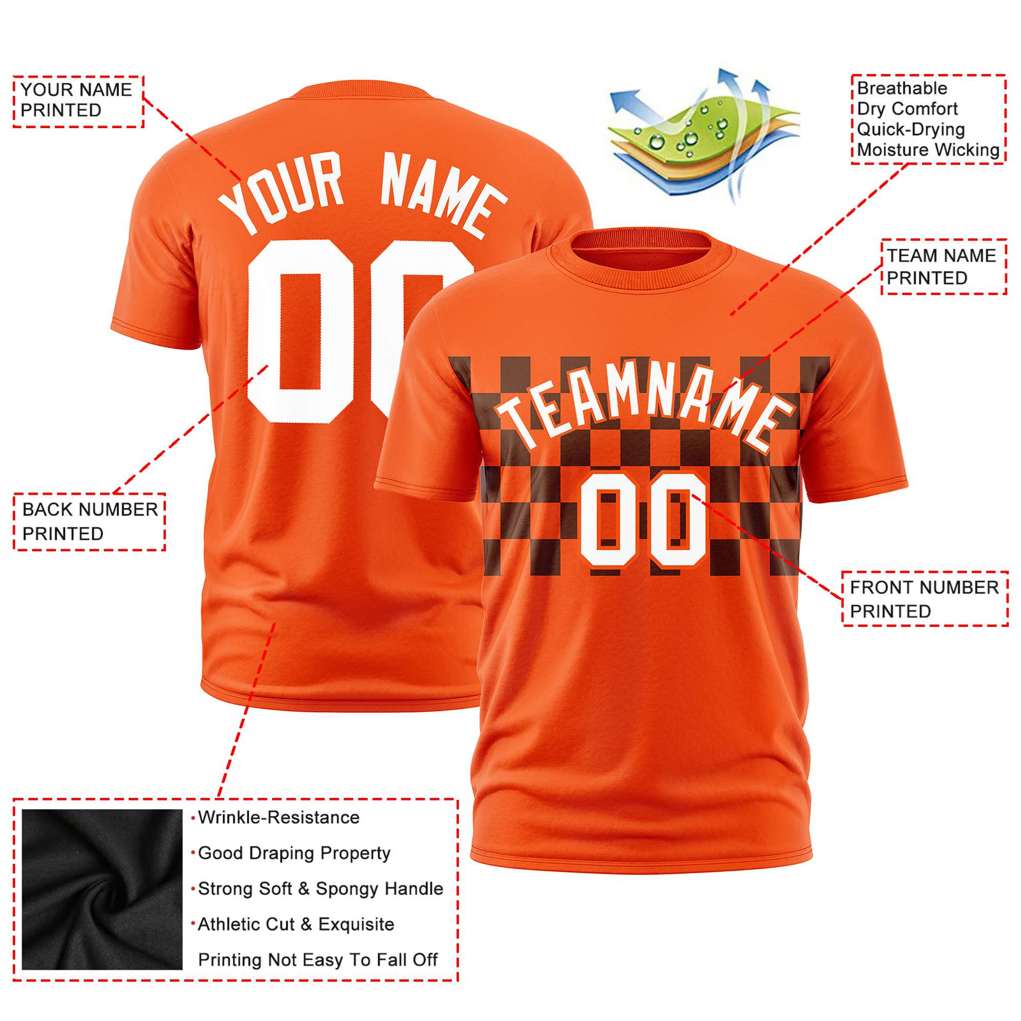 Custom Orange Black Crew neck Plaid Pattern Personalized Performance T-Shirt