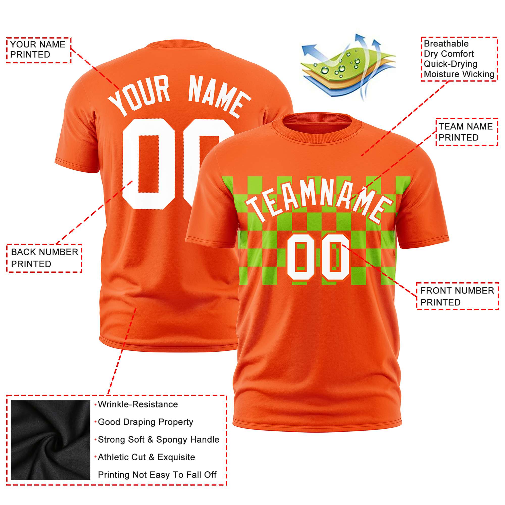 Custom Orange Neon Green Crew neck Plaid Pattern Personalized Performance T-Shirt