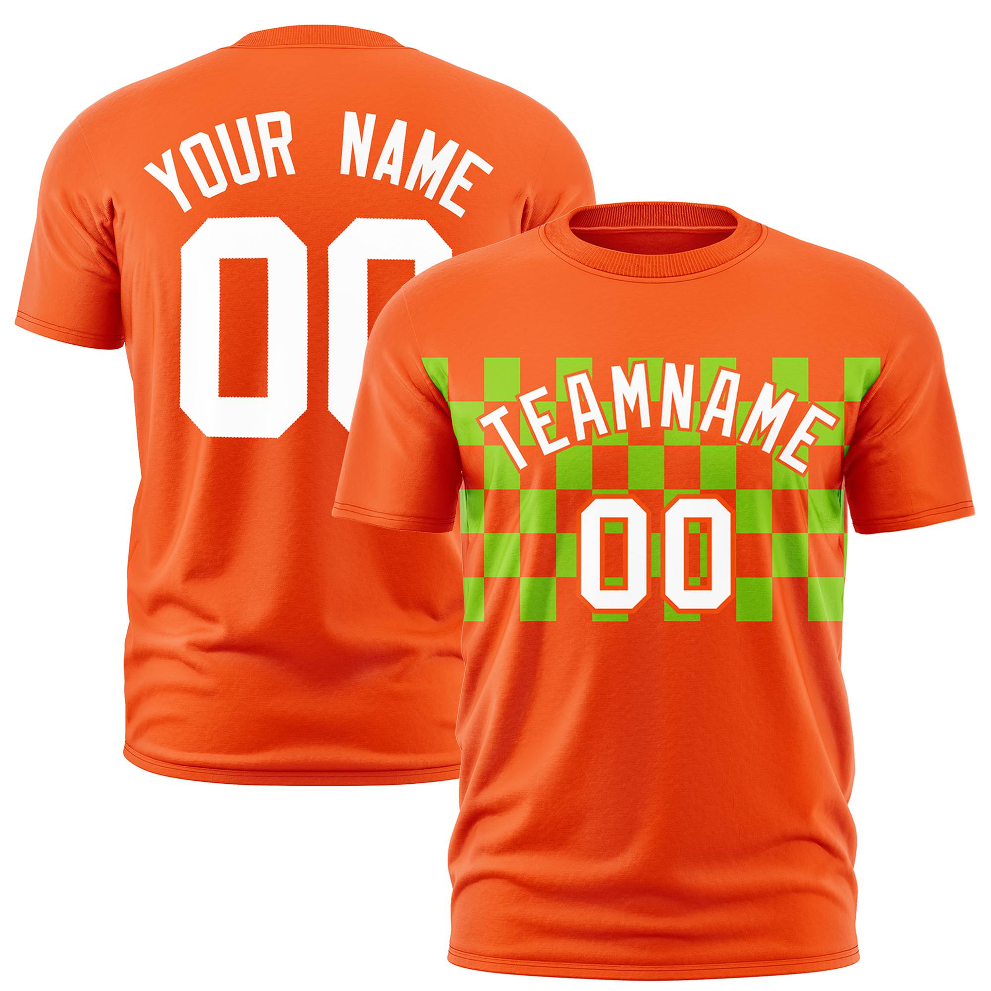 Custom Orange Neon Green Crew neck Plaid Pattern Personalized Performance T-Shirt