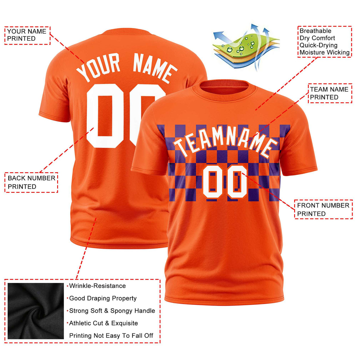 Custom Orange Purple Crew neck Plaid Pattern Personalized Performance T-Shirt