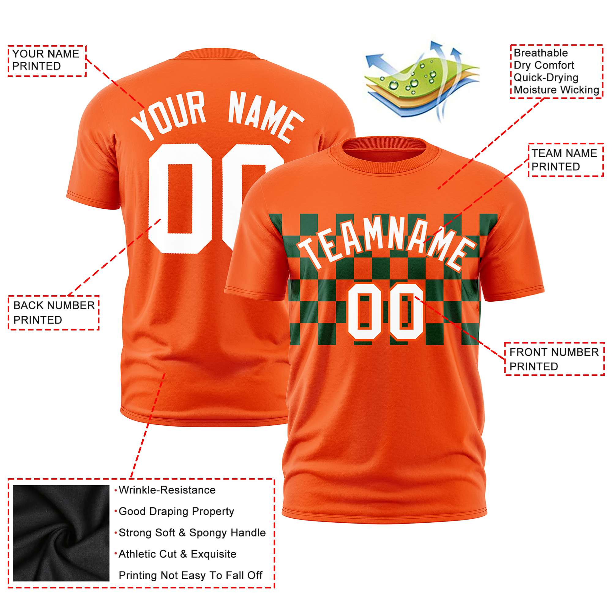 Custom Orange Green Crew neck Plaid Pattern Personalized Performance T-Shirt