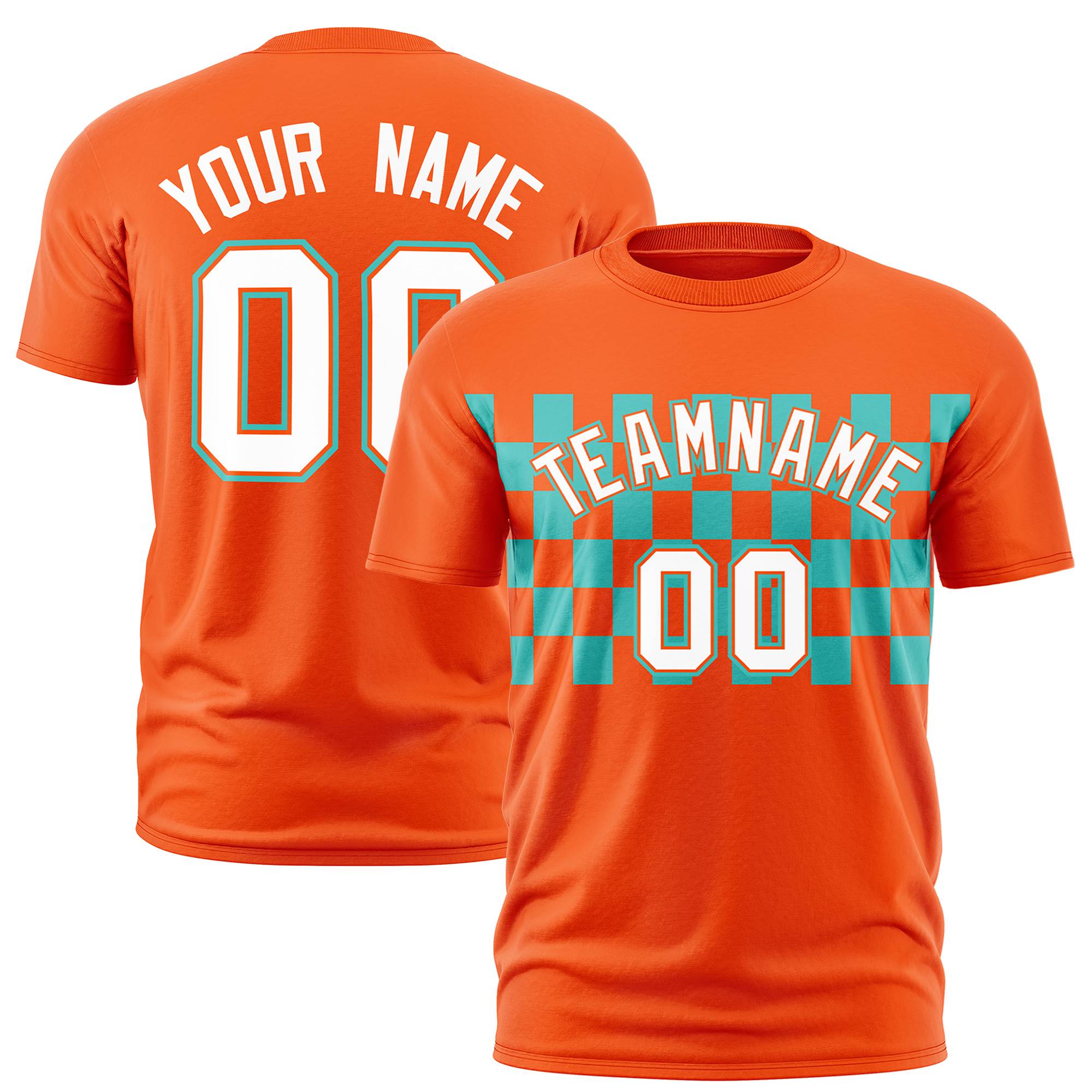 Custom Orange Aqua Crew neck Plaid Pattern Personalized Performance T-Shirt