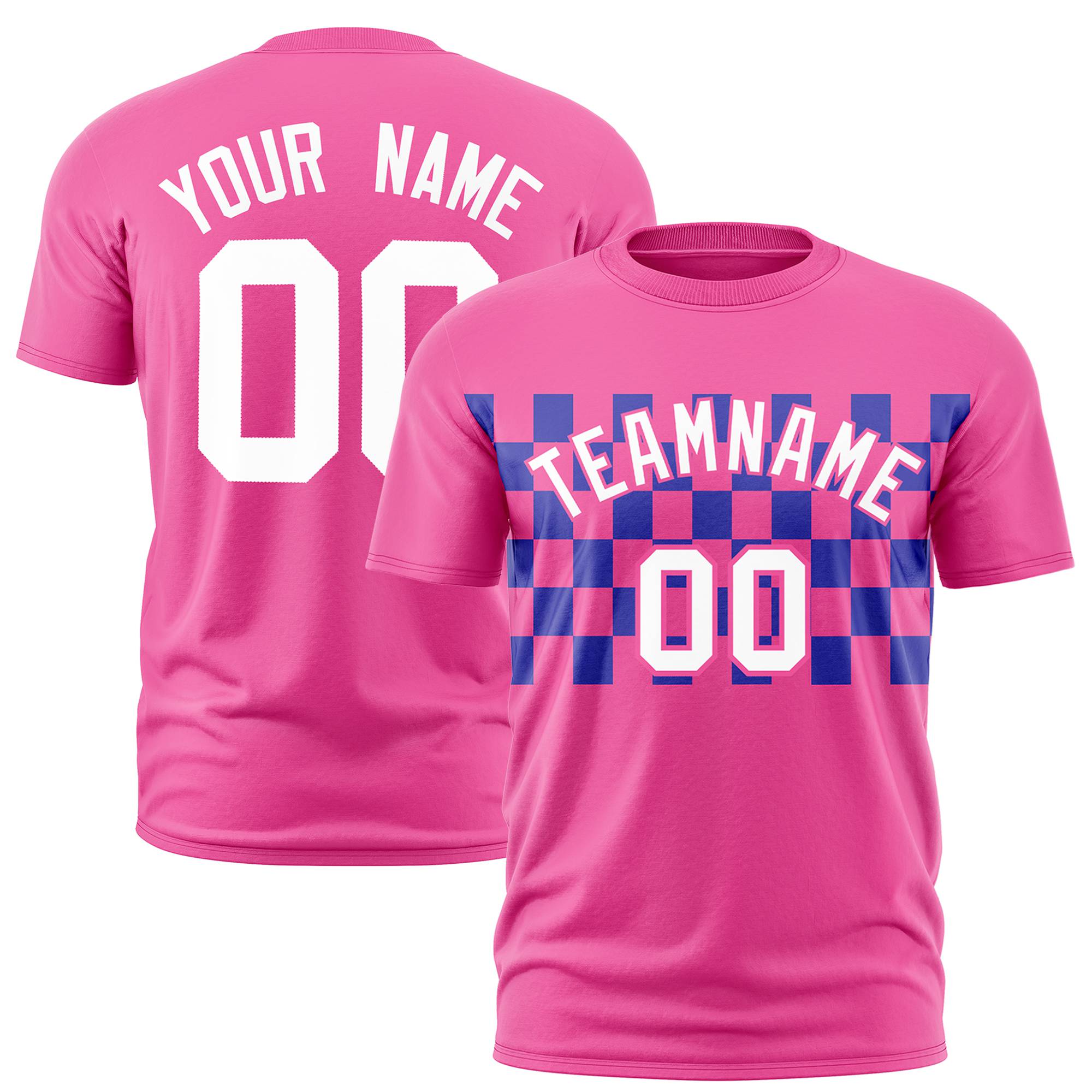 Custom Pink Royal Blue Crew neck Plaid Pattern Personalized Performance T-Shirt