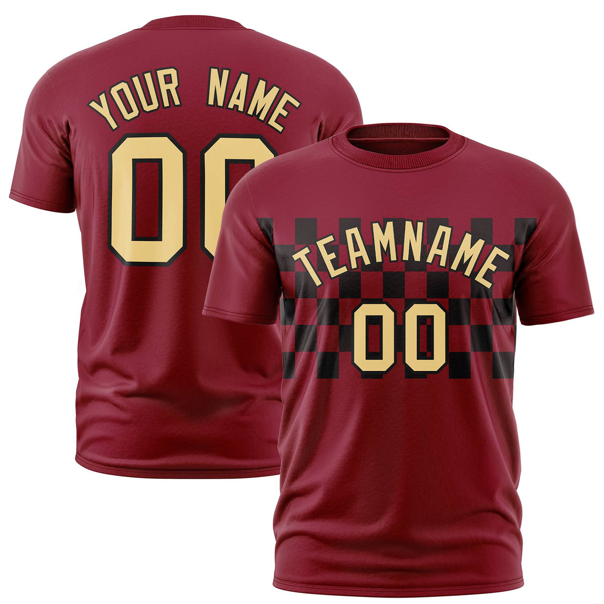 Custom Crimson Black Crew neck Plaid Pattern Personalized Performance T-Shirt