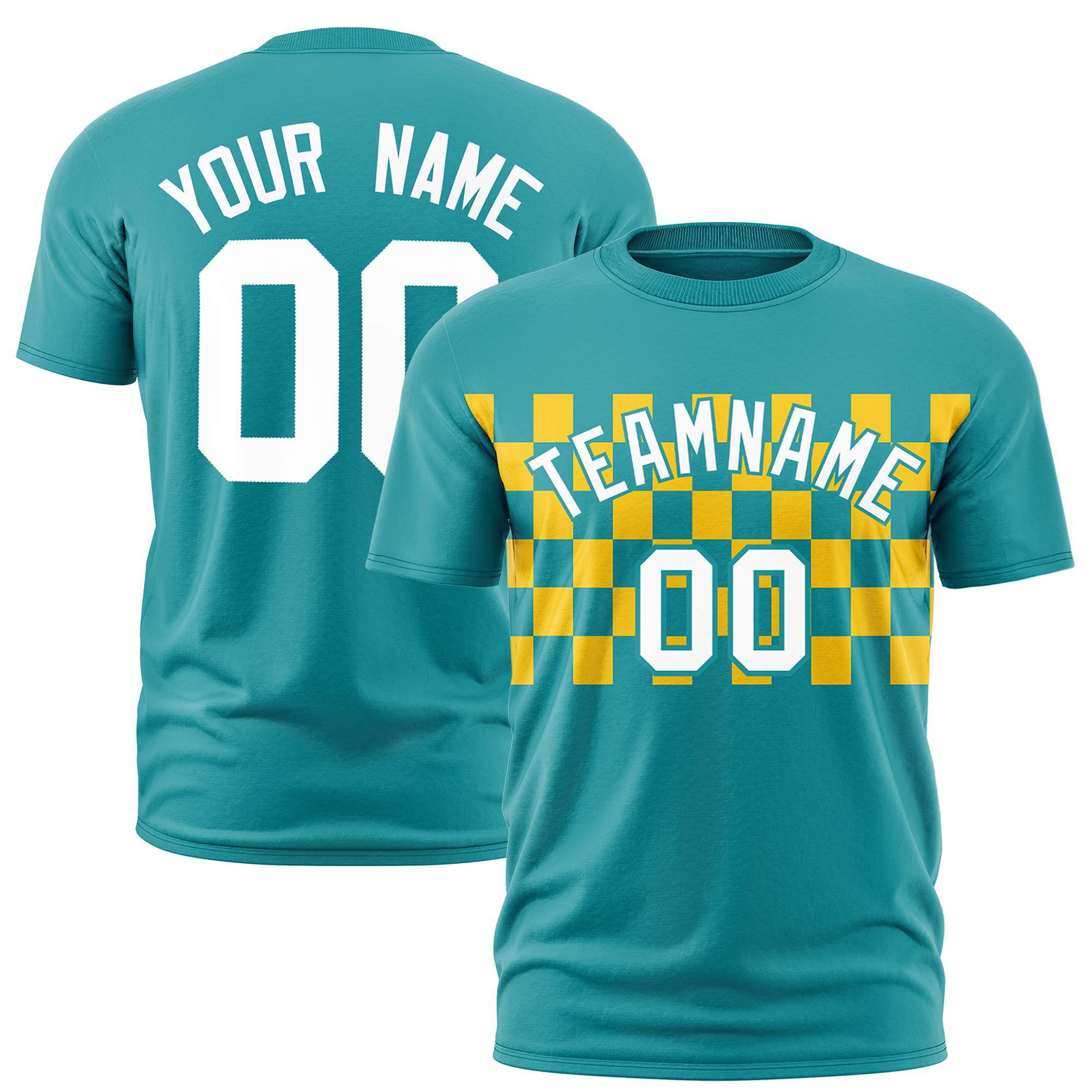 Custom Aqua Yellow Crew neck Plaid Pattern Personalized Performance T-Shirt