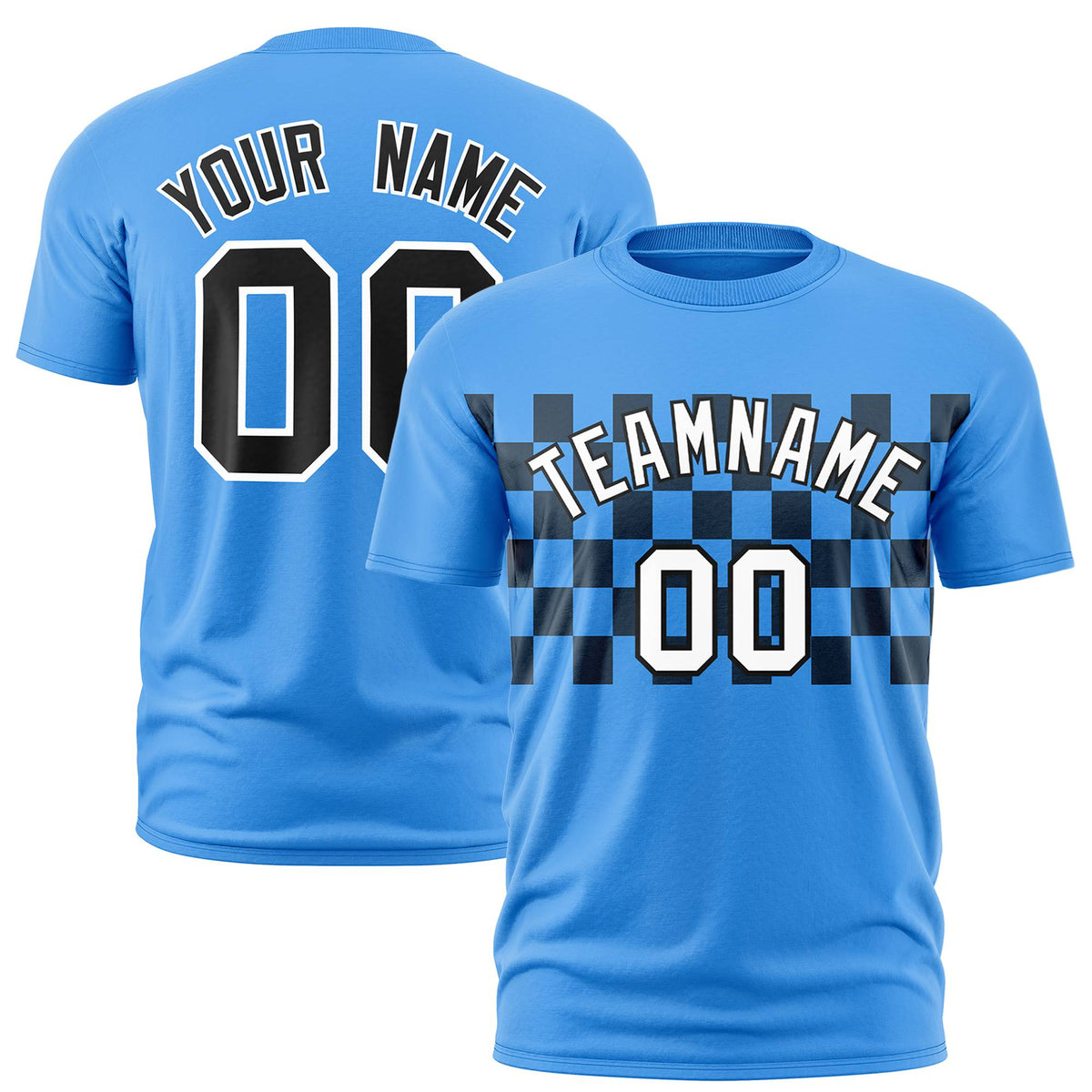 Custom Powder Blue Black Crew neck Plaid Pattern Personalized Performance T-Shirt