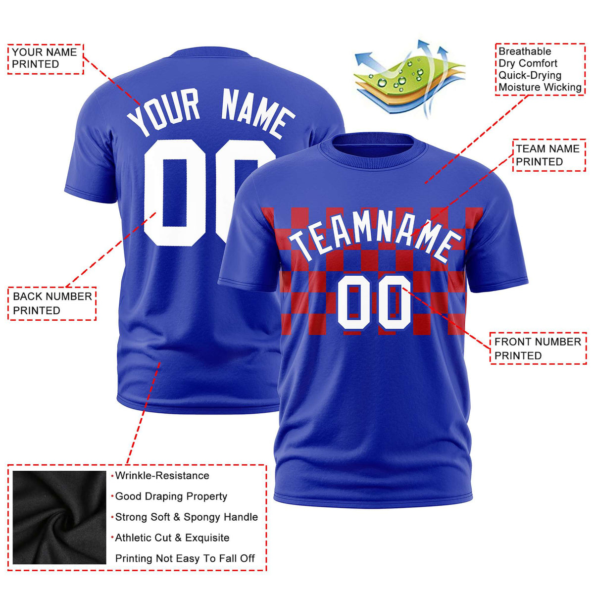 Custom Royal Blue Red Crew neck Plaid Pattern Personalized Performance T-Shirt