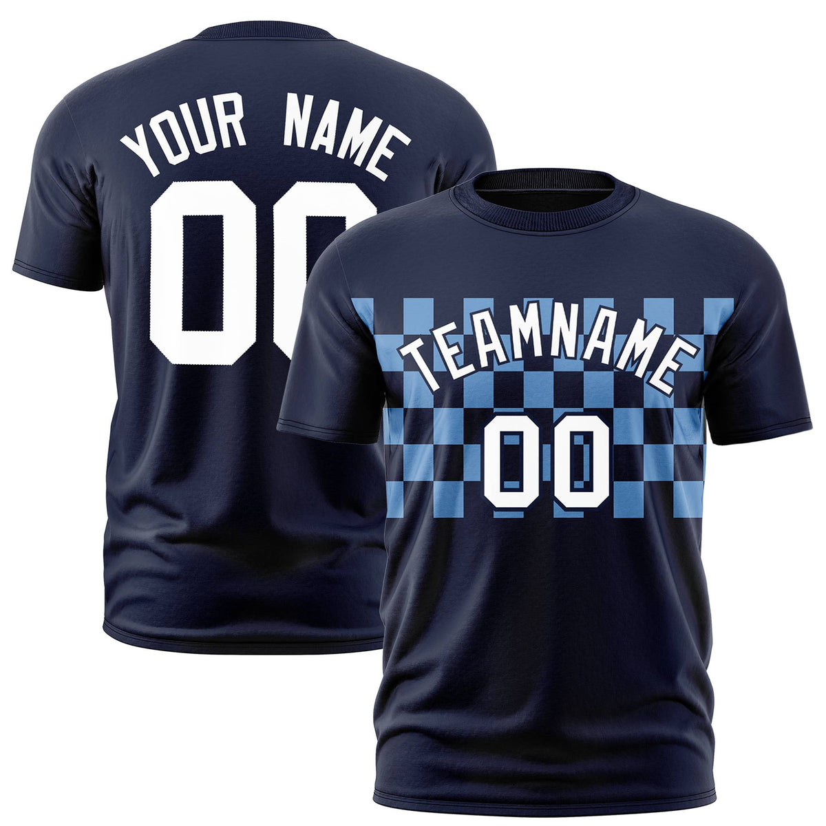 Custom Navy Powder Blue Crew neck Plaid Pattern Personalized Performance T-Shirt