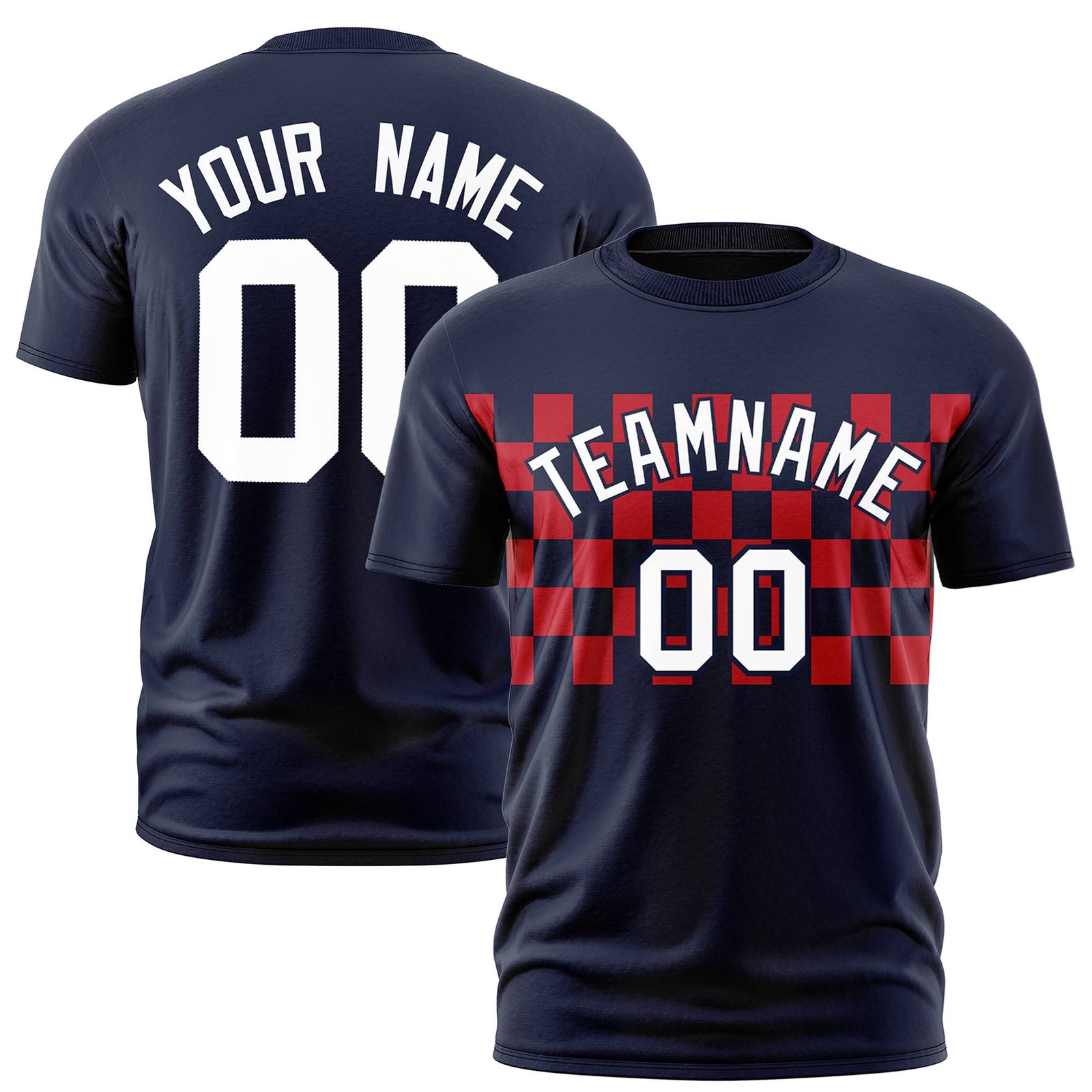 Custom Navy Red Crew neck Plaid Pattern Personalized Performance T-Shirt