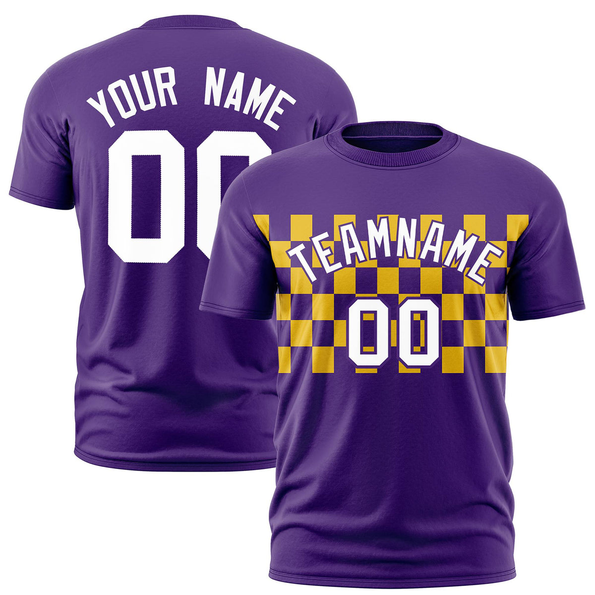 Custom Purple Yellow Crew neck Plaid Pattern Personalized Performance T-Shirt