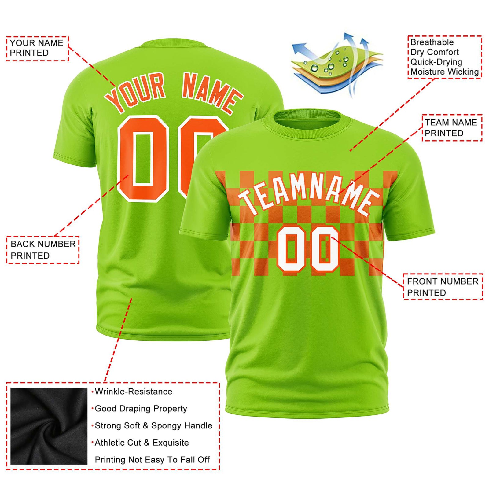 Custom Neon Green Orange Crew neck Plaid Pattern Personalized Performance T-Shirt