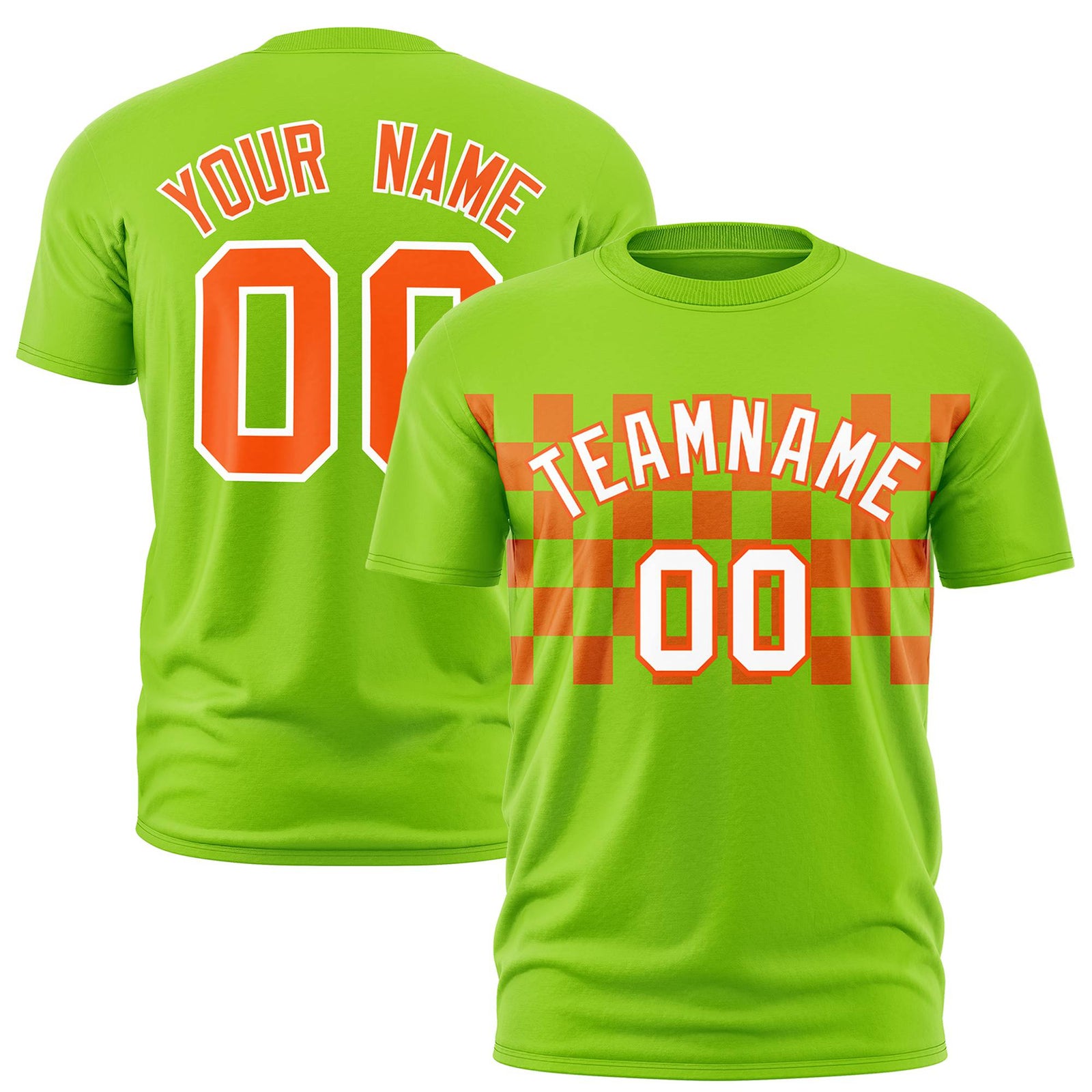 Custom Neon Green Orange Crew neck Plaid Pattern Personalized Performance T-Shirt