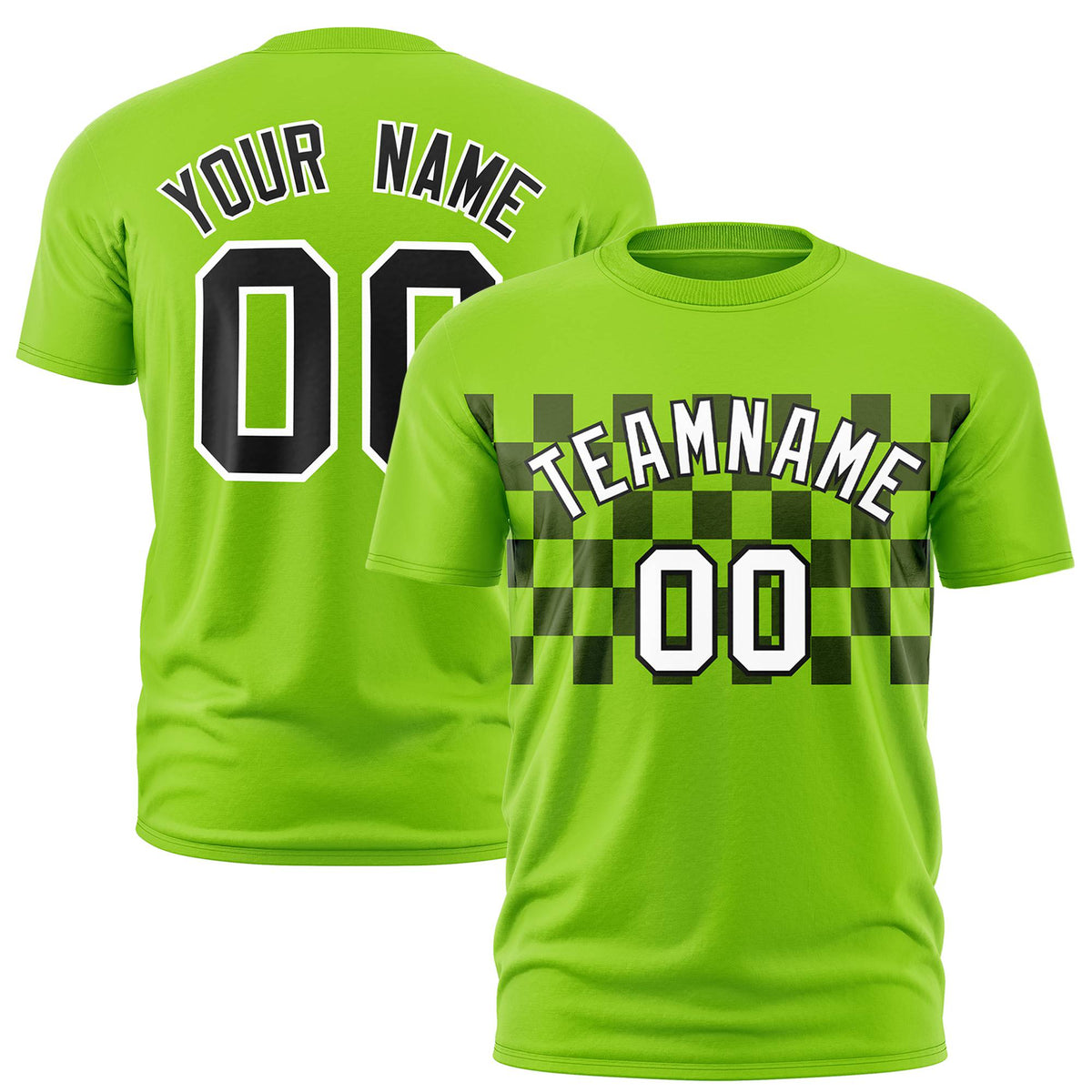 Custom Neon Green Navy Crew neck Plaid Pattern Personalized Performance T-Shirt