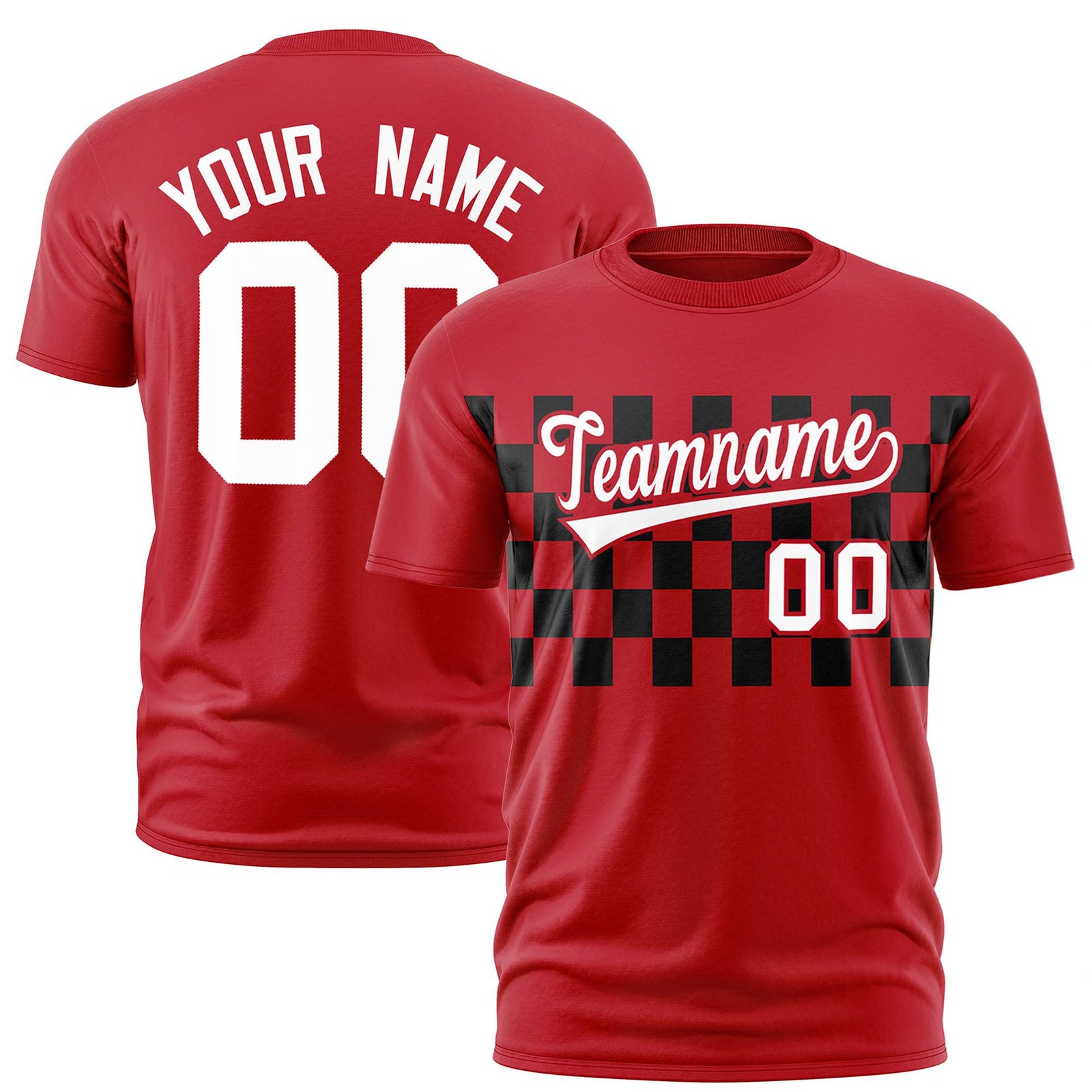 Custom Red Black Crew neck Plaid Pattern Personalized Performance T-Shirt