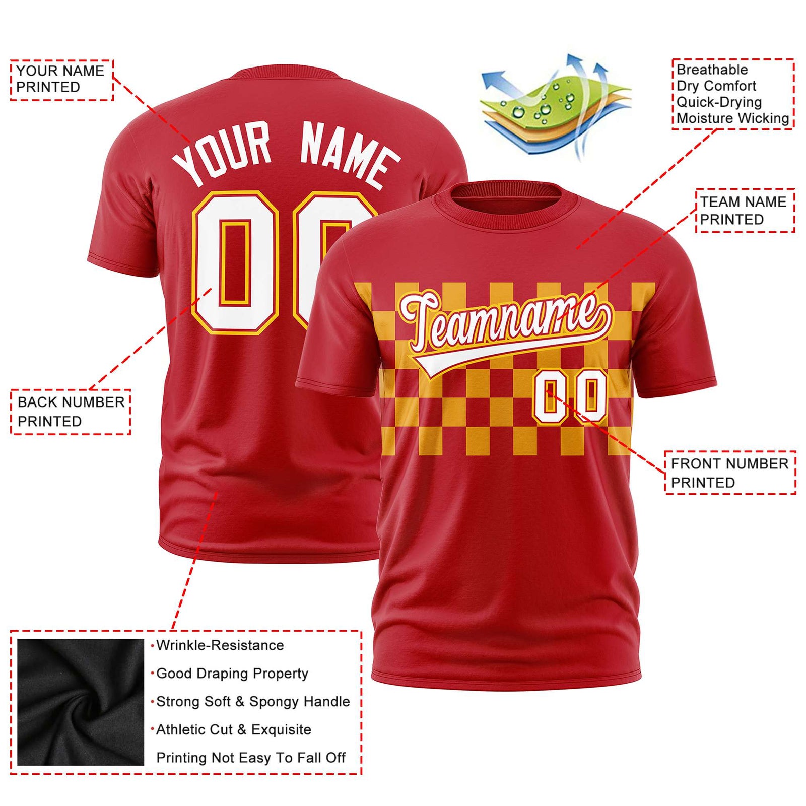 Custom Red Yellow Crew neck Plaid Pattern Personalized Performance T-Shirt