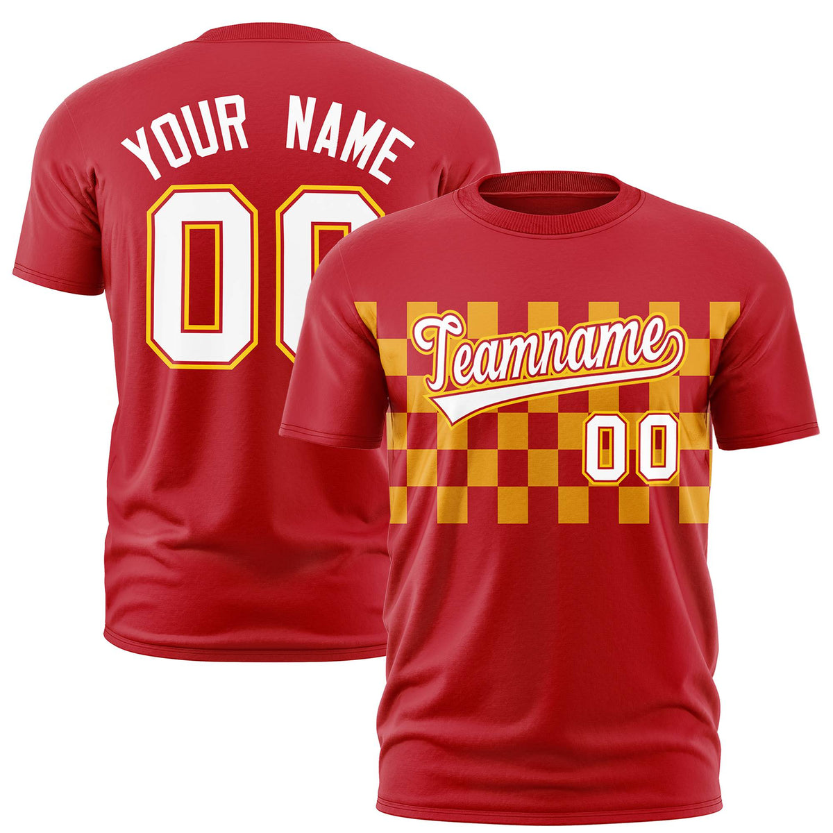Custom Red Yellow Crew neck Plaid Pattern Personalized Performance T-Shirt