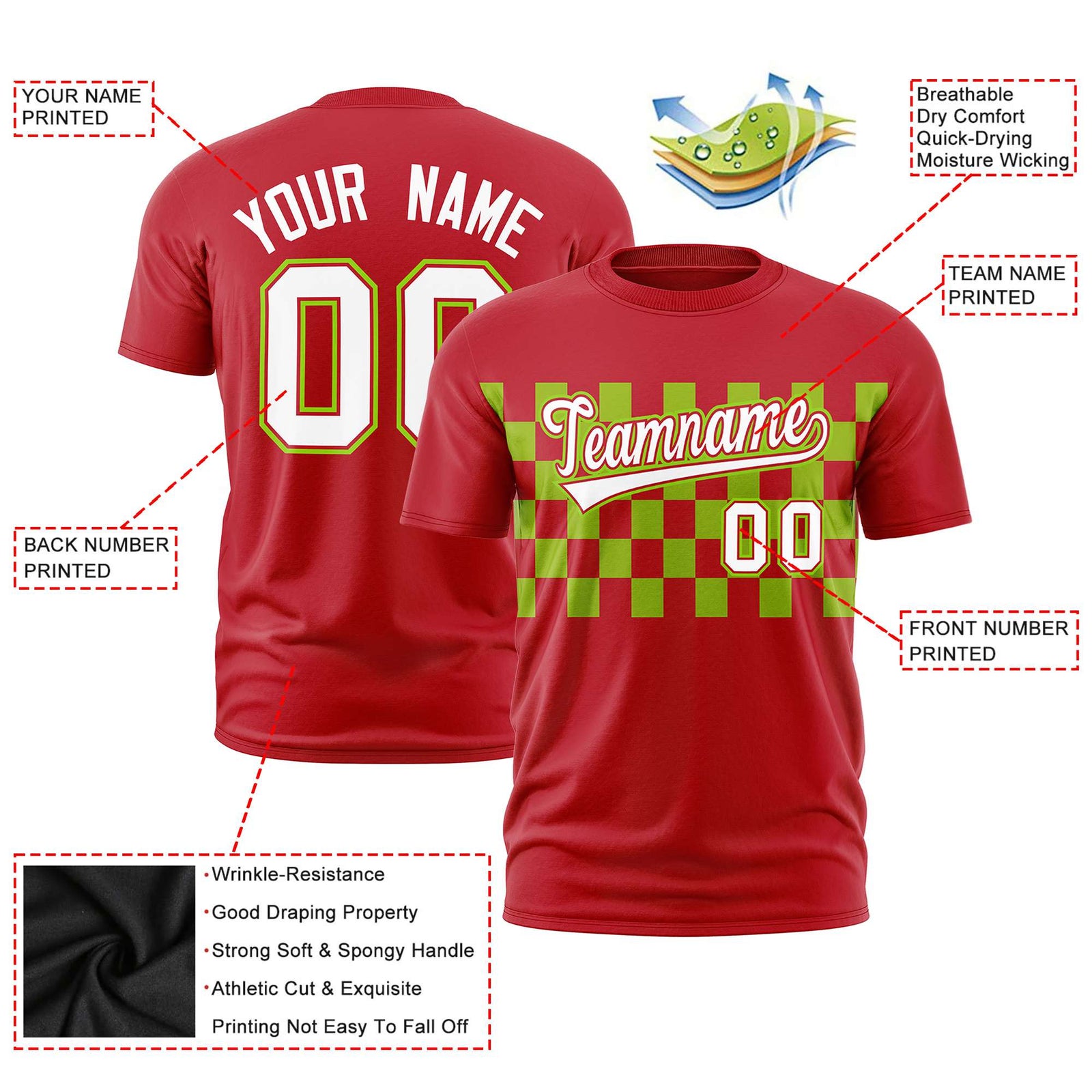 Custom Red Neon Green Crew neck Plaid Pattern Personalized Performance T-Shirt