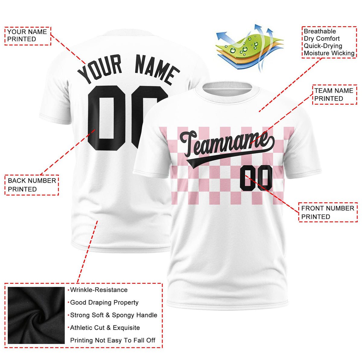 Custom White Light Pink Crew neck Plaid Pattern Personalized Performance T-Shirt