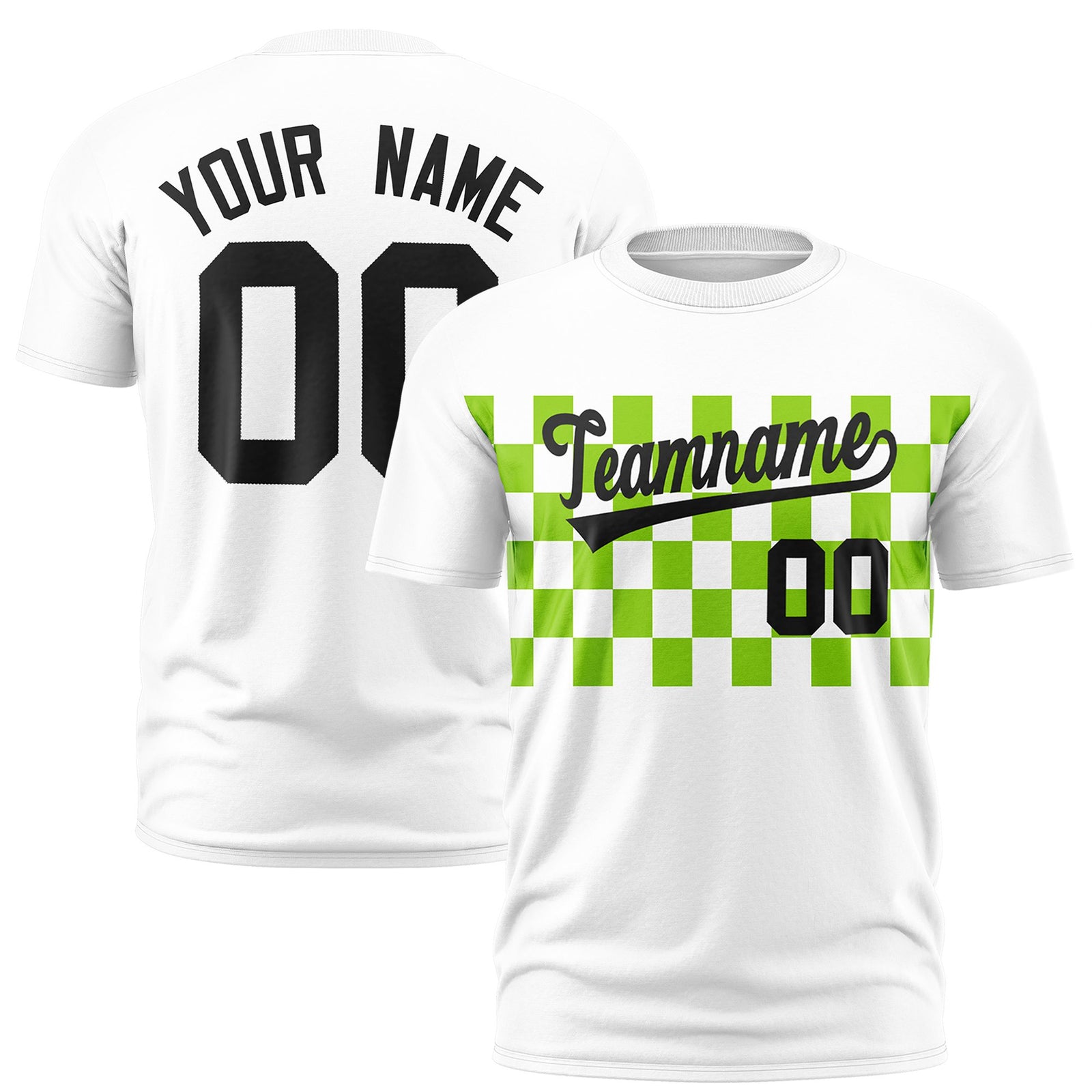 Custom White Neon Green Crew neck Plaid Pattern Personalized Performance T-Shirt