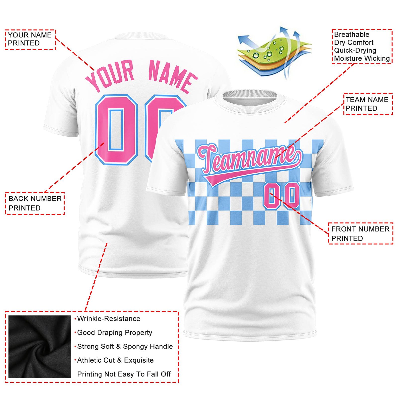 Custom White Powder Blue Crew neck Plaid Pattern Personalized Performance T-Shirt